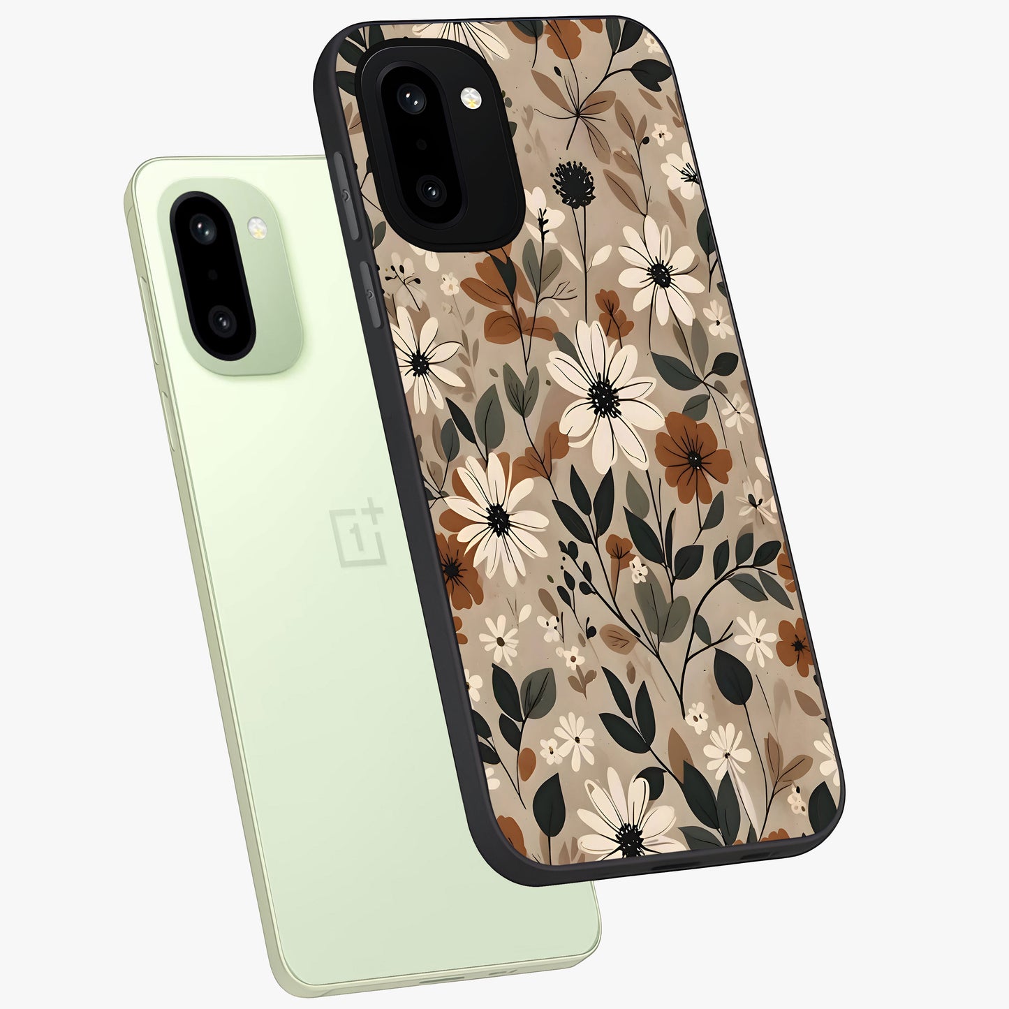 Vector Flowers Glass Case for 1+15R angled mockup showcasing glossy glass finish and crisp graphic detailing