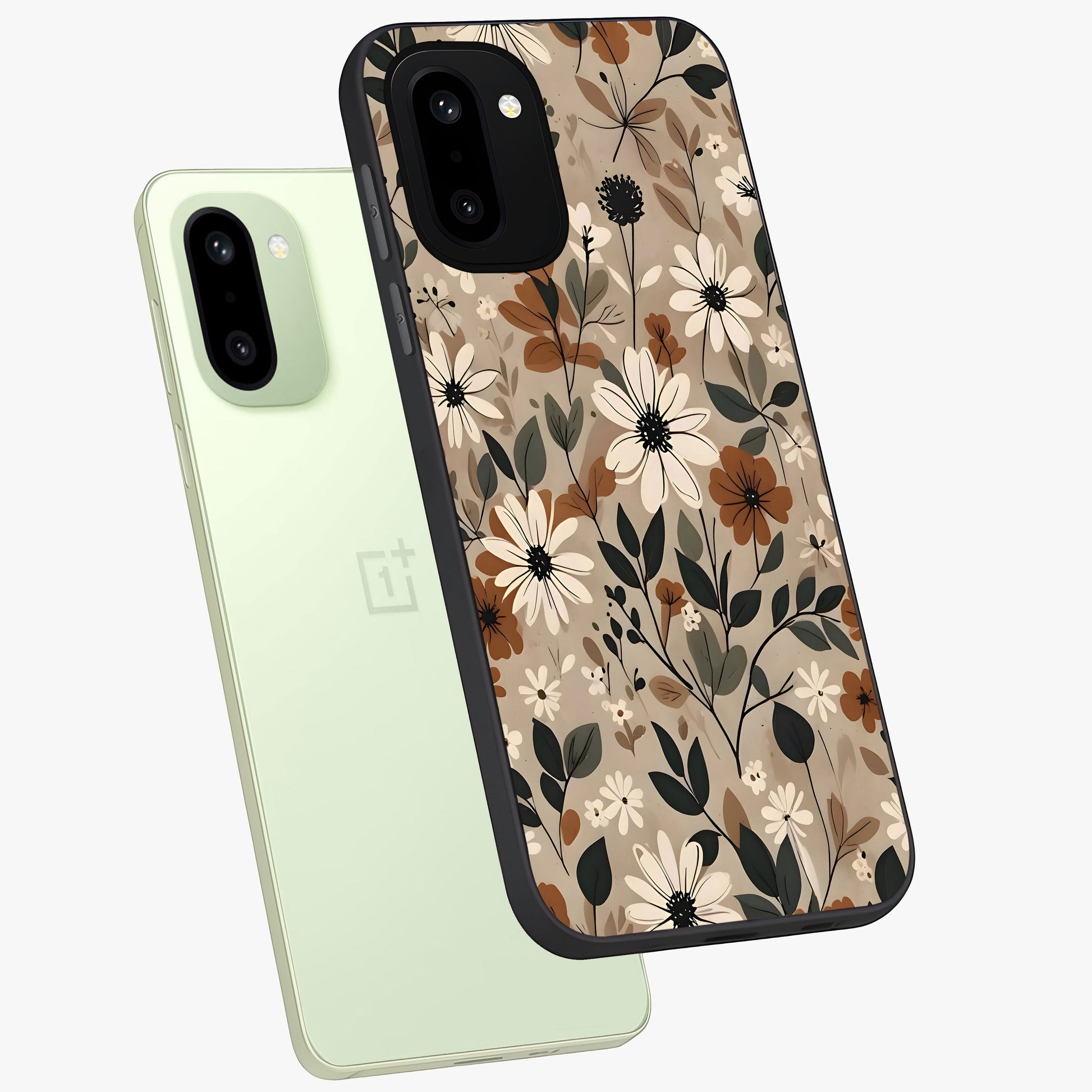 Vector Flowers Glass Case for 1+15R angled mockup showcasing glossy glass finish and crisp graphic detailing
