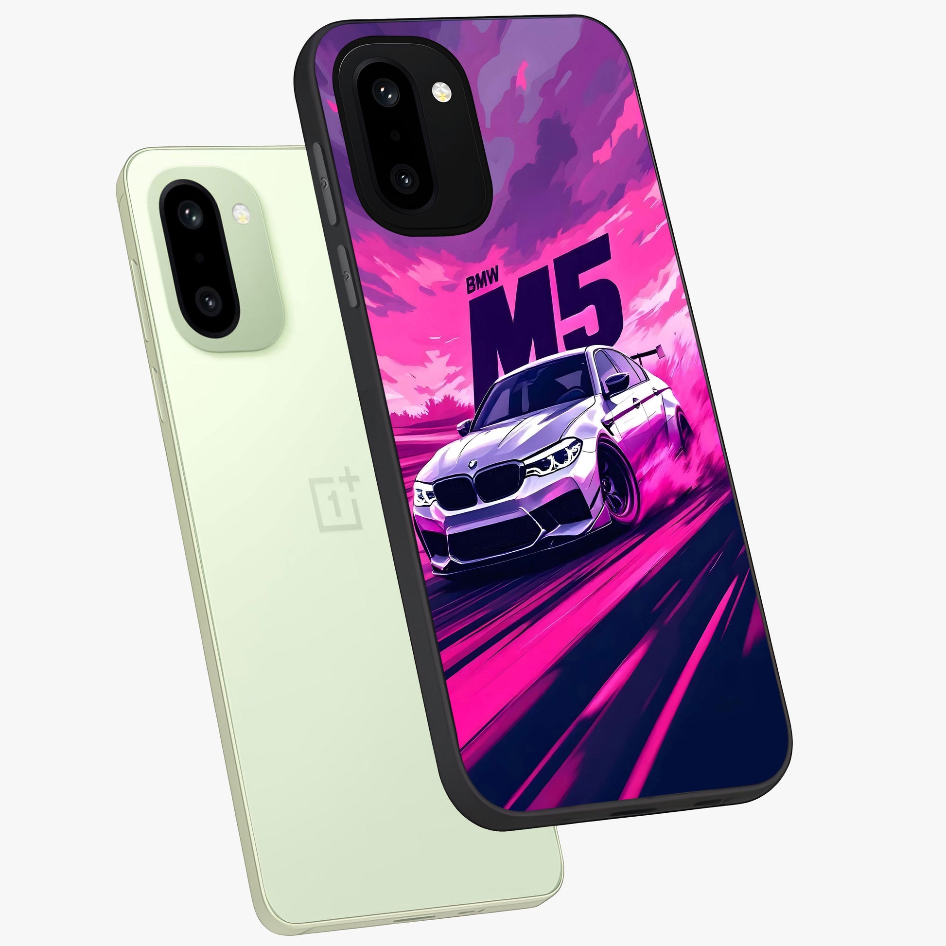 Velocity Drift Pulse Glass Case for 1+15R angled mockup showcasing glossy finish and bold speed gradients