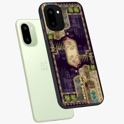 Velvet Mughal Art Glass Case for 1+15R angled mockup showcasing glossy finish and rich heritage tones