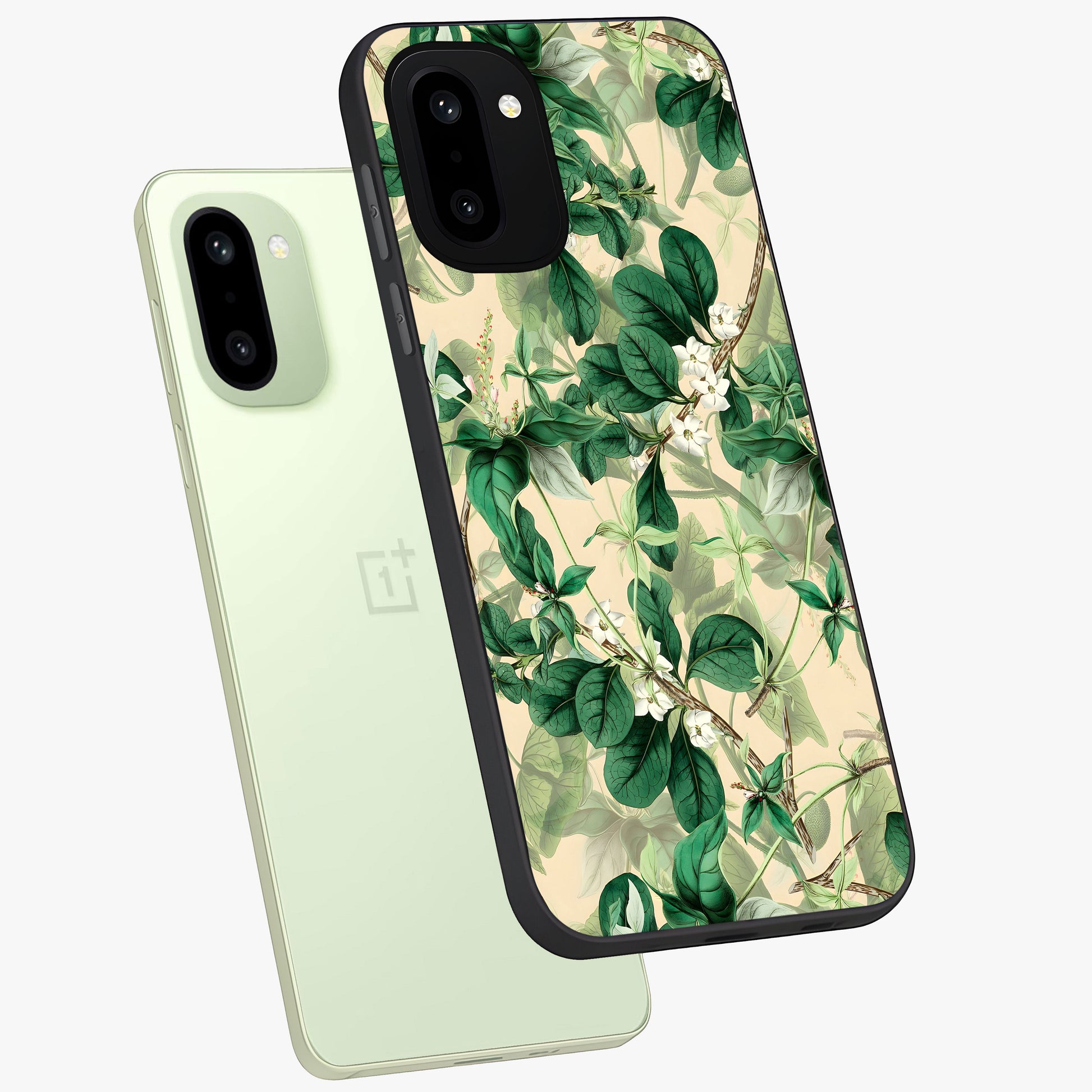 Verdant Garden Whispers Glass Case for 1+15R angled mockup showcasing glossy finish and natural earthy tones