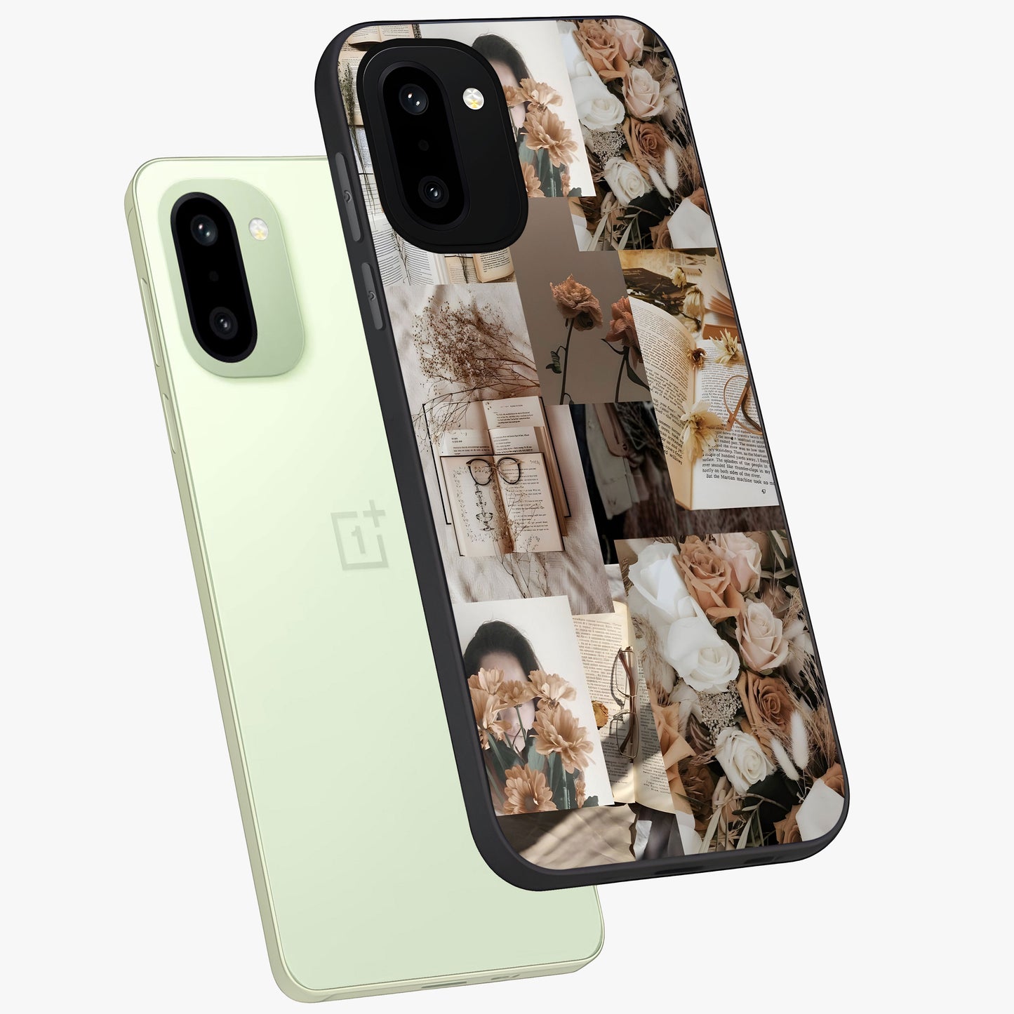 Vintage Bloom Story Glass Case for 1+15R angled mockup showcasing glossy finish and soft heritage tones