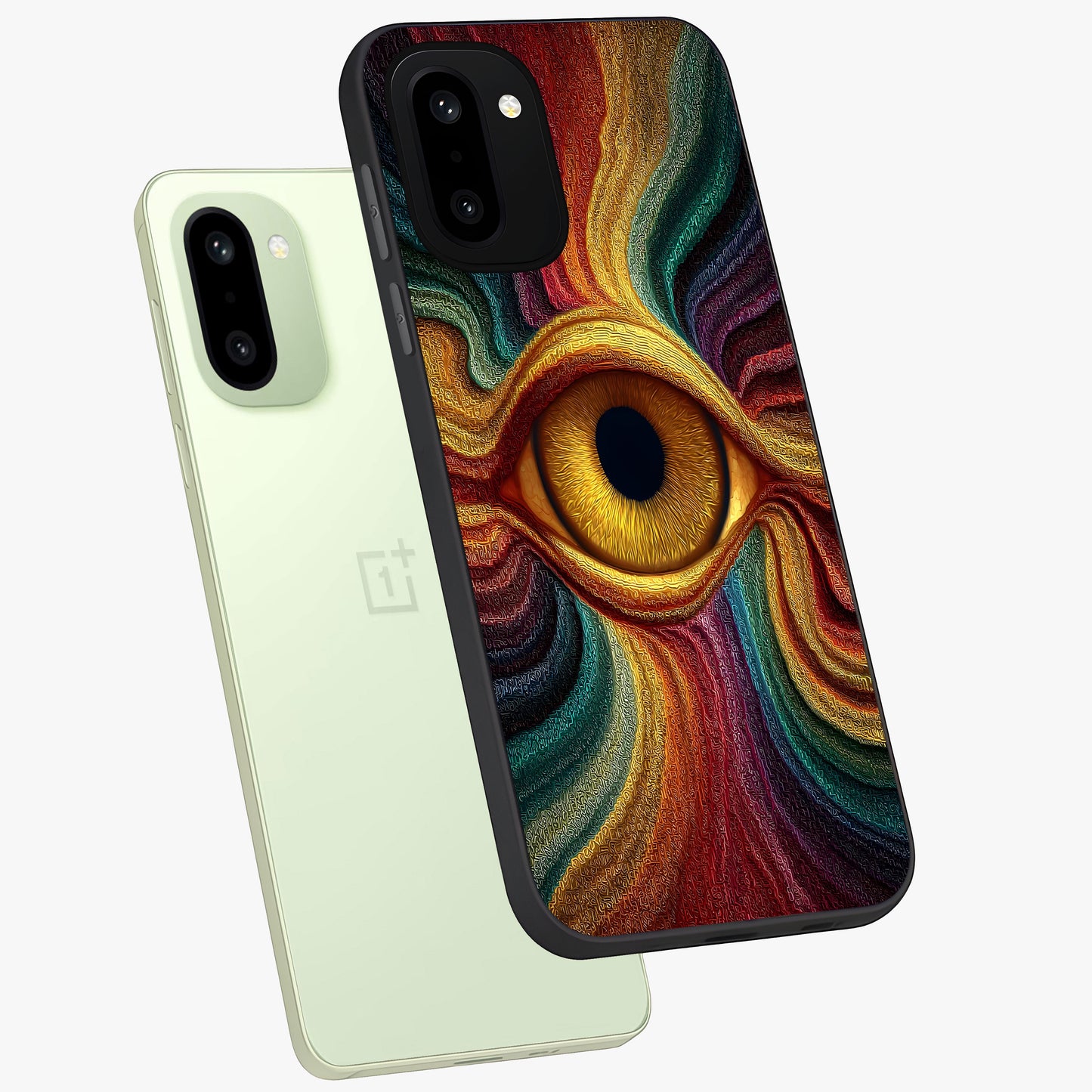 Visionary Flame Core Glass Case for 1+15R angled mockup showcasing glossy finish and bold glowing gradients