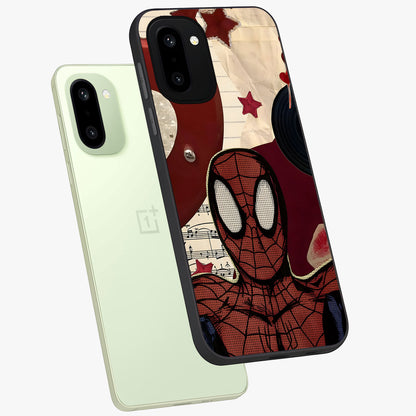 Web Warrior Vibes Glass Case for 1+15R angled mockup showcasing glossy finish and bold comic style detailing