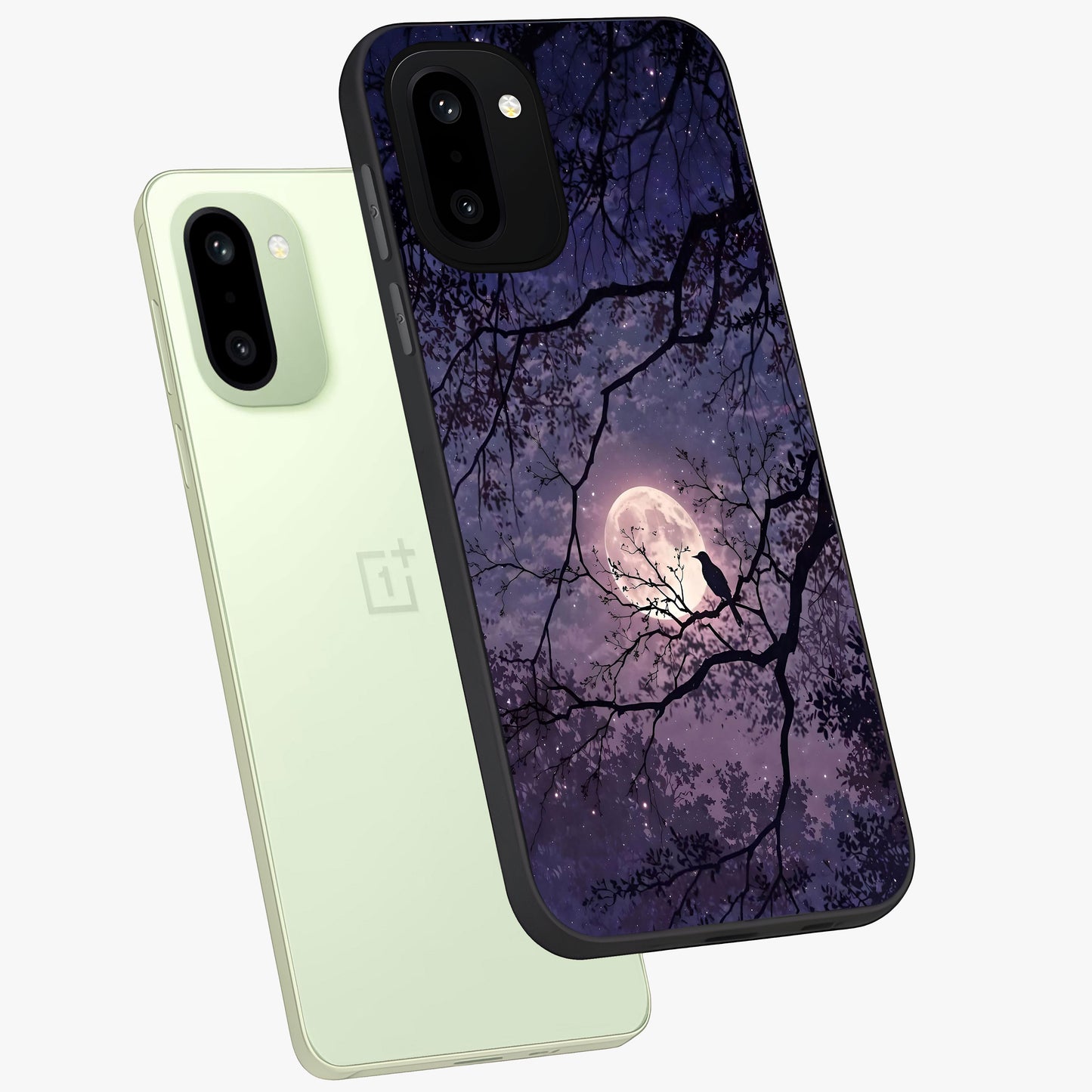 Whispering Moon Silence Glass Case for 1+15R angled mockup showcasing glossy finish and subtle celestial detailing