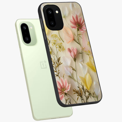 Whispering Petal Harmony Glass Case for 1+15R angled mockup showcasing glossy finish and delicate bloom detailing