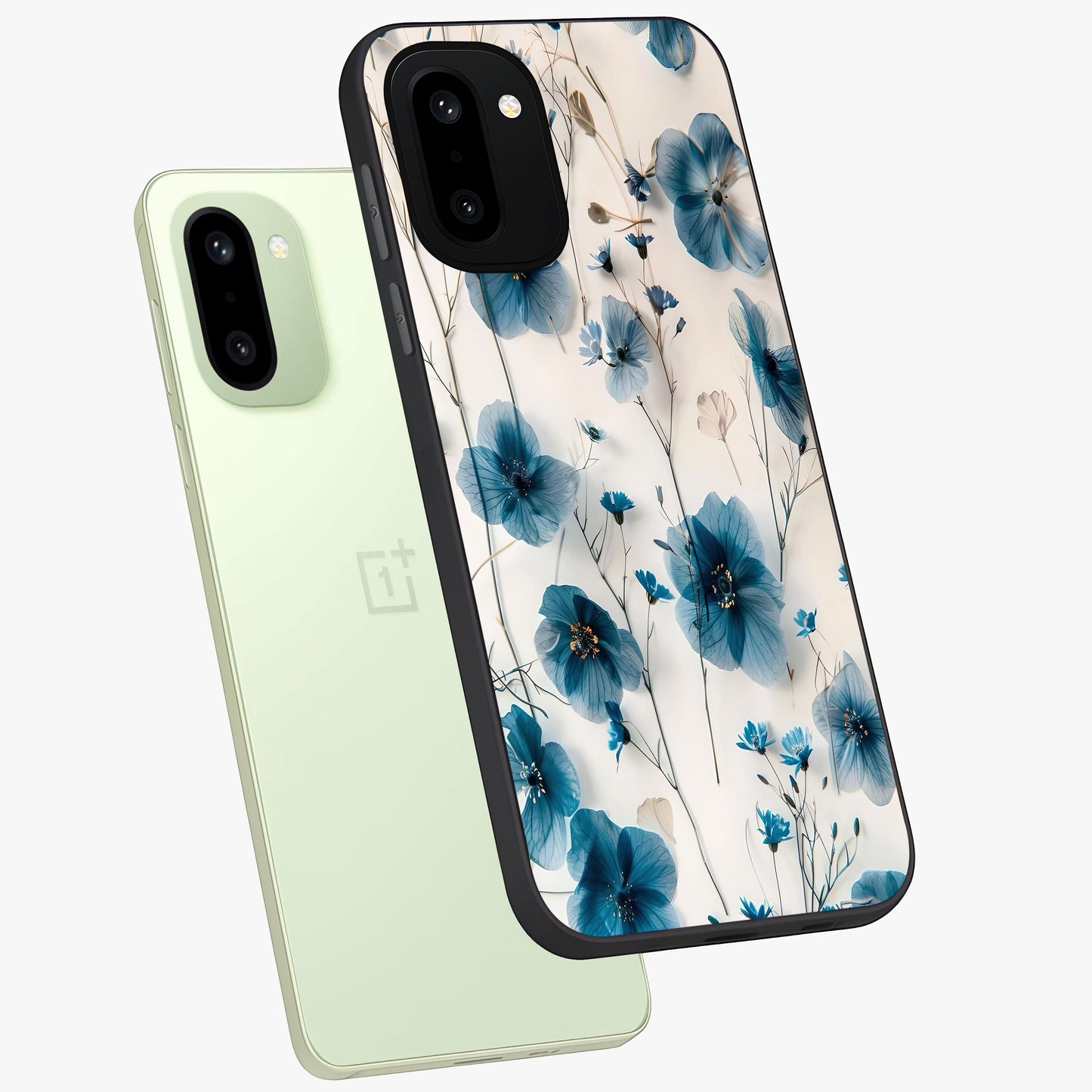 Whispers of Blue Bloom Glass Case for 1+15R angled mockup showcasing glossy finish and cool sapphire tones
