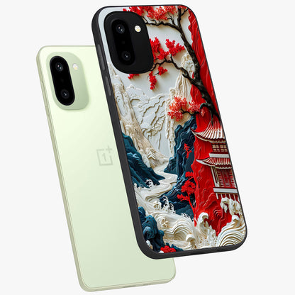 Whispers of Sakura Waves Glass Case for 1+15R angled mockup showcasing glossy finish and soft pink gradients