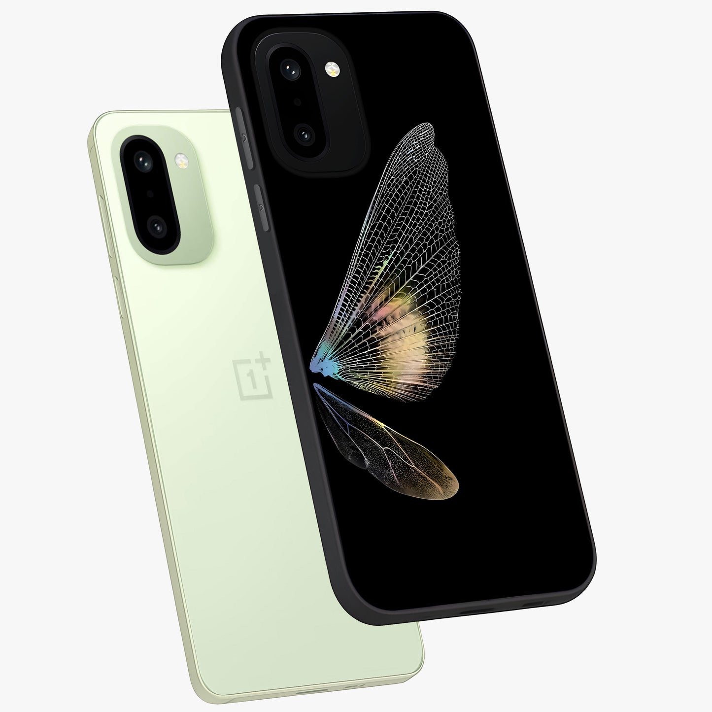 Whispers of Wings Glass Case for 1+15R angled mockup showcasing glossy finish and soft gradient detailing