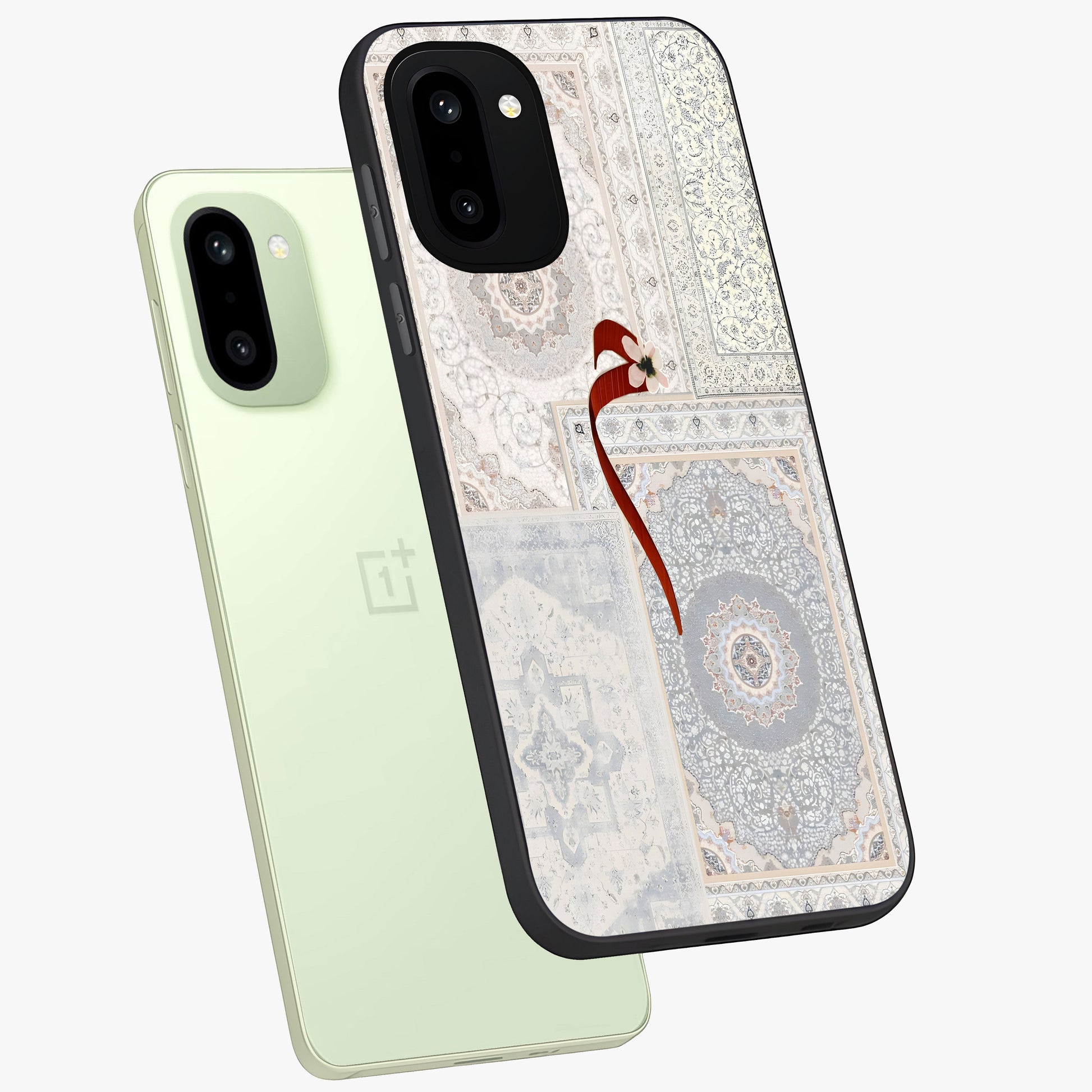White Aesthetic Bow Glass Case for 1+15R angled mockup showcasing glossy finish and elegant pastel detailing