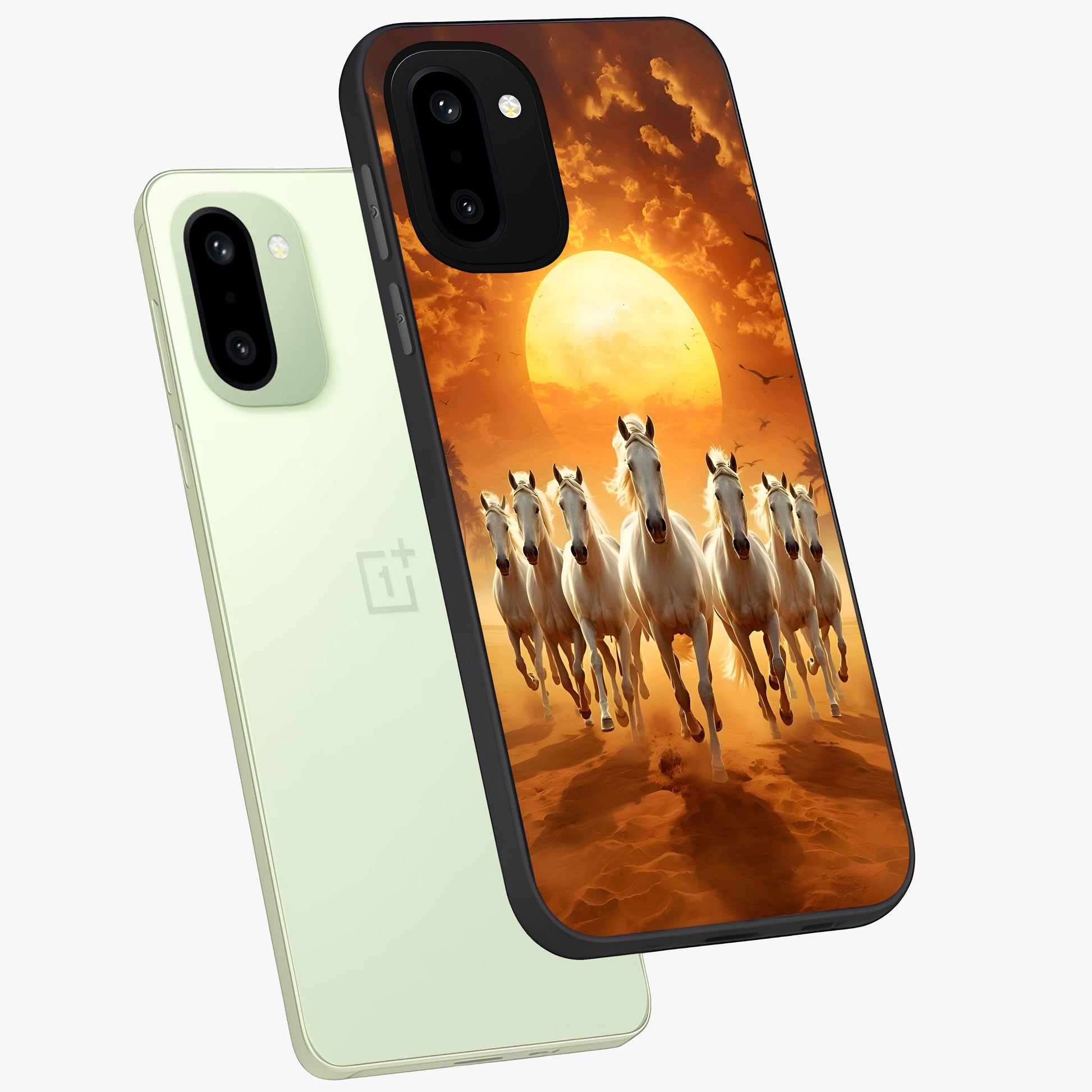 Wild Sunset Majesty Glass Case for 1+15R angled mockup showcasing glossy finish and warm fiery gradients