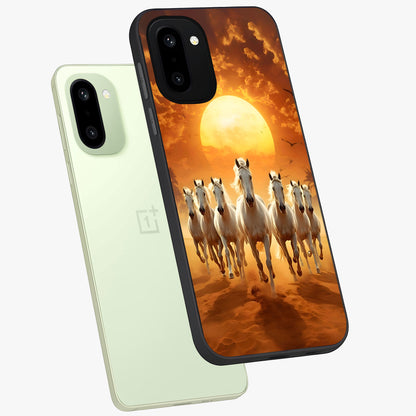 Wild Sunset Majesty Glass Case for 1+15R angled mockup showcasing glossy finish and warm fiery gradients