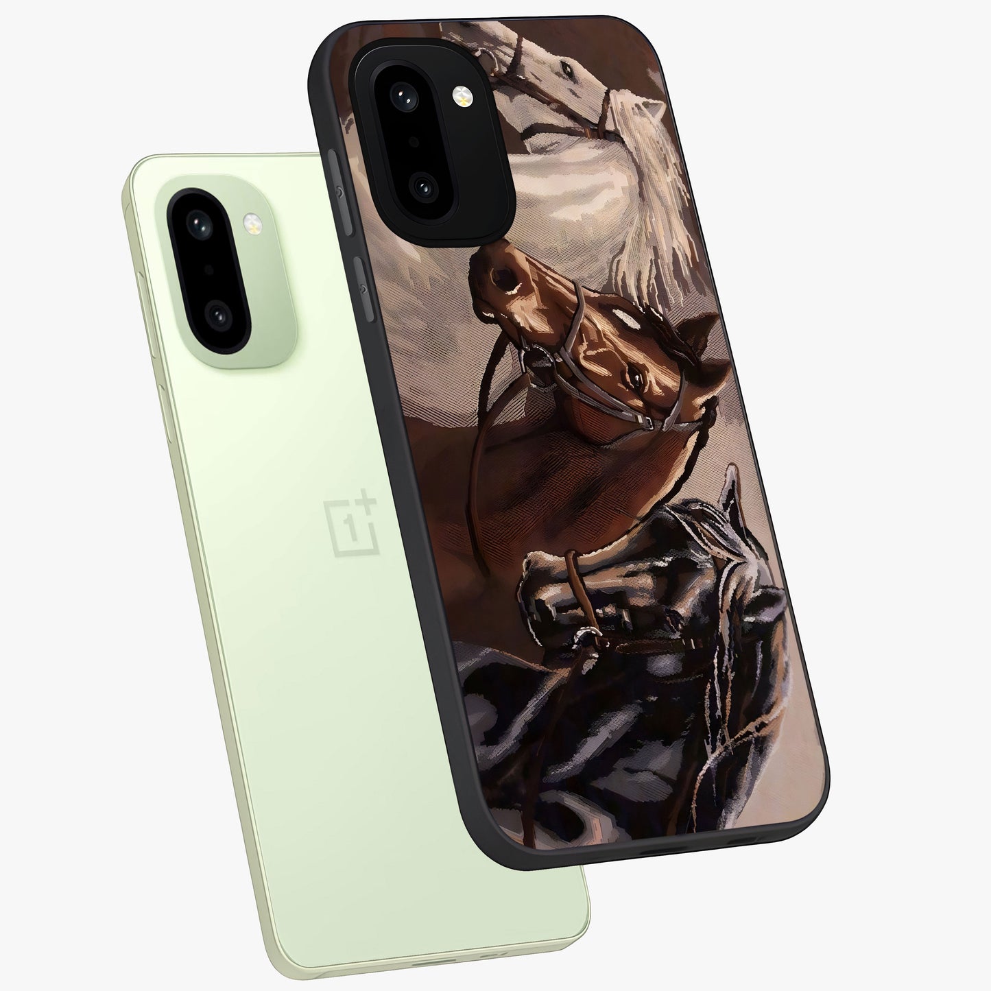 Wild Trio Gallop Glass Case for 1+15R angled mockup showcasing glossy glass finish and bold equestrian detailing