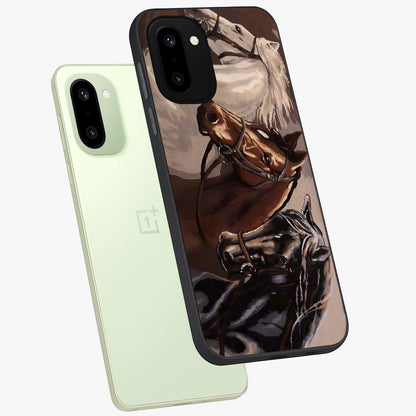 Wild Trio Gallop Glass Case for 1+15R angled mockup showcasing glossy glass finish and bold equestrian detailing