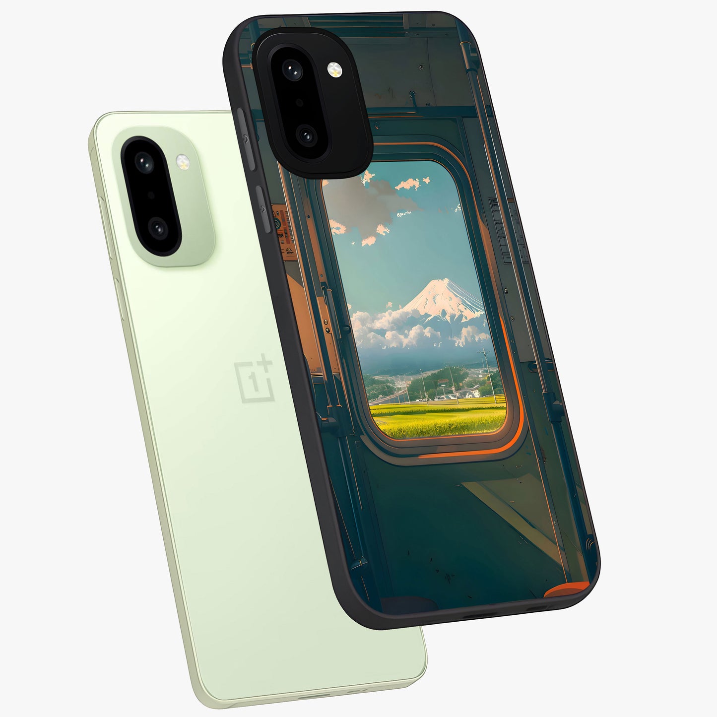 Window to Fuji Glass Case for 1+15R angled mockup showcasing glossy finish and serene landscape tones