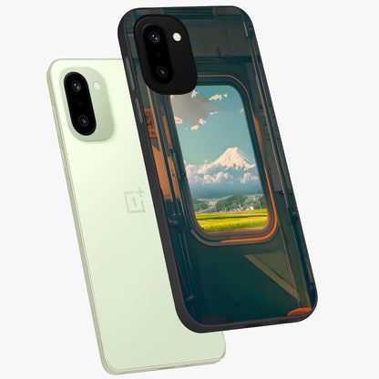 Window to Fuji Glass Case for 1+15R angled mockup showcasing glossy finish and serene landscape tones