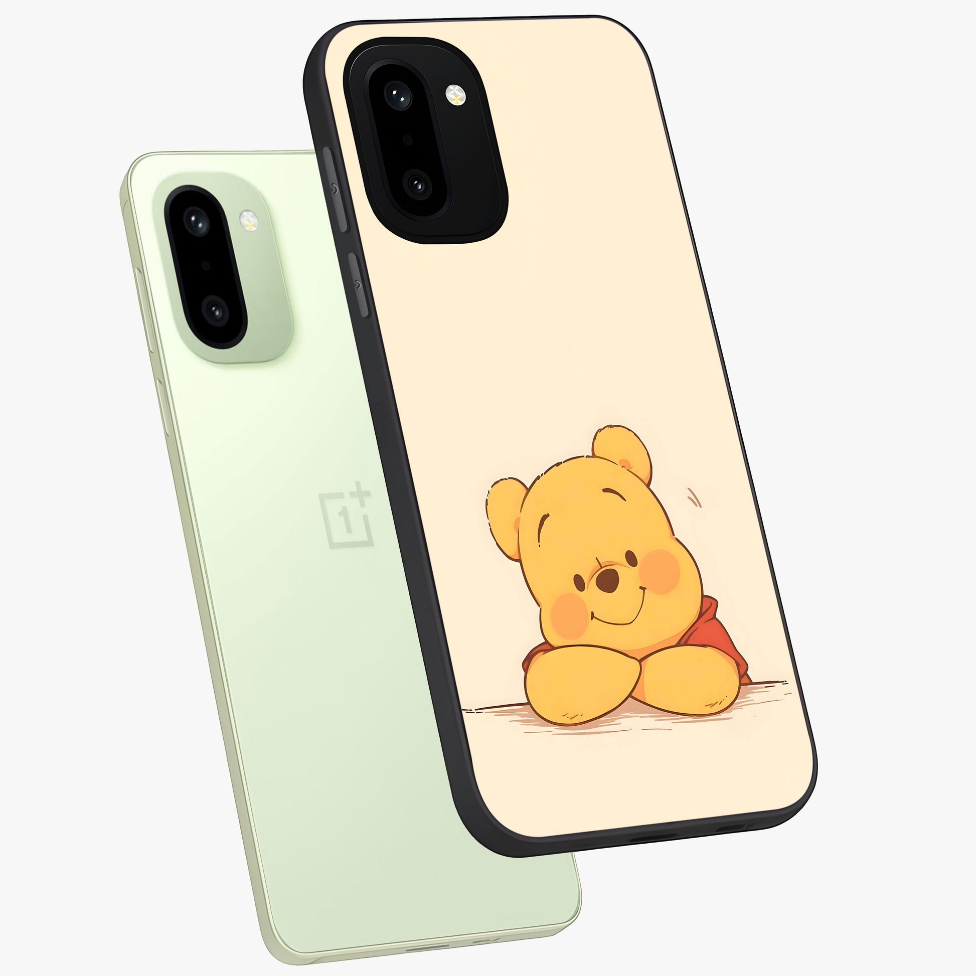 Winniethe Pooh Glass Case for 1+15R angled mockup showcasing glossy finish and soft playful tones