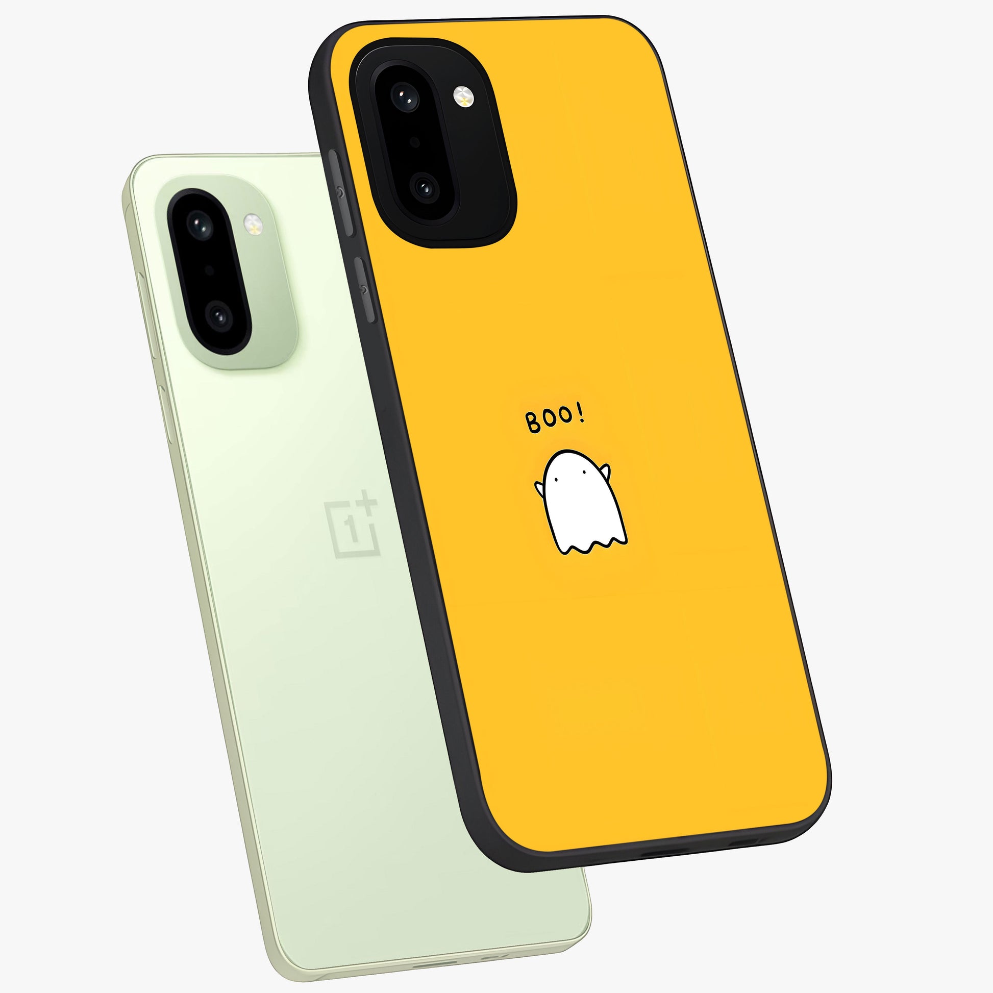 Yellow Boo Ghost Glass Case for 1+15R angled mockup showcasing glossy finish and fun animated detailing