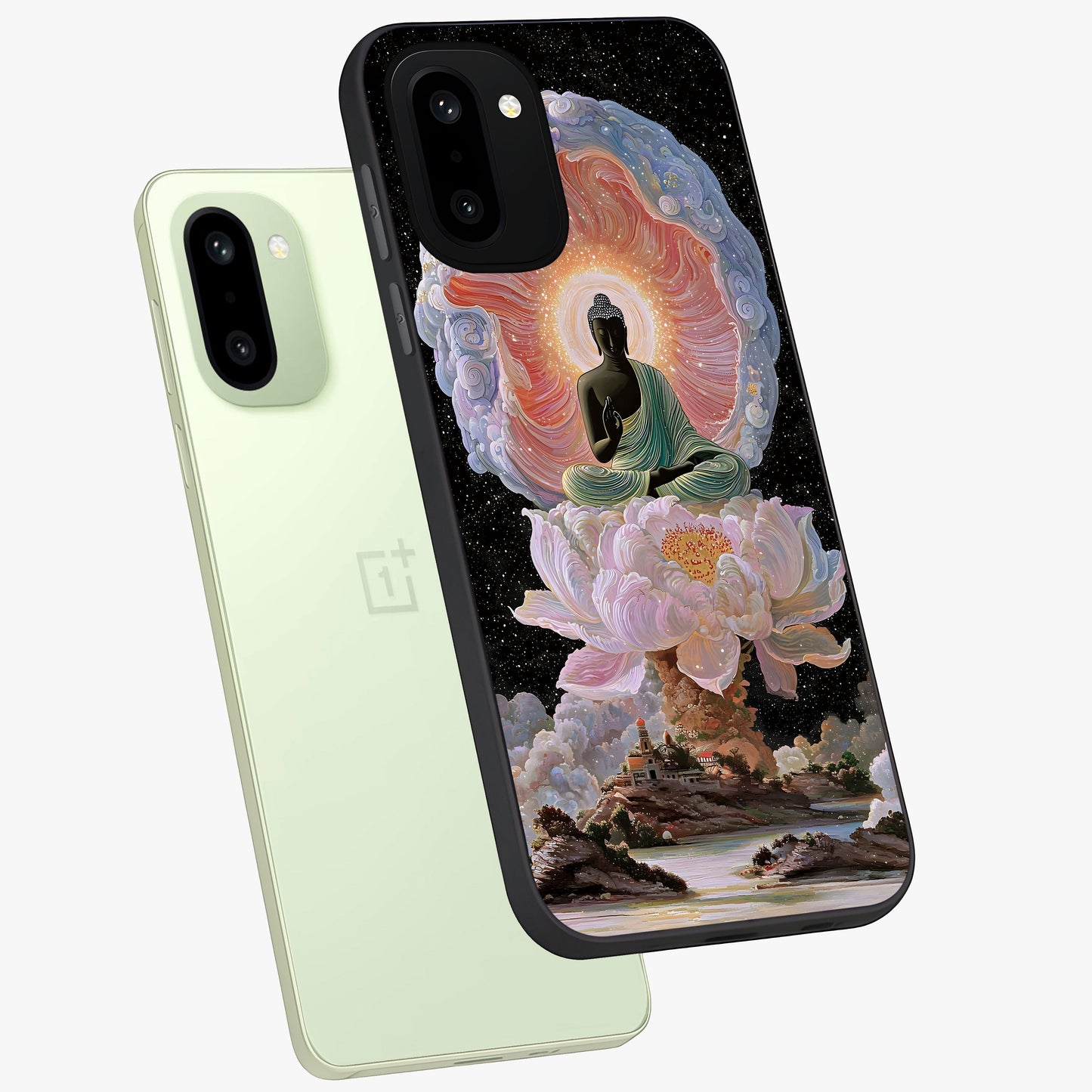 Zen Lotus Realm Glass Case for 1+15R angled mockup showcasing glossy finish and serene gradient detailing