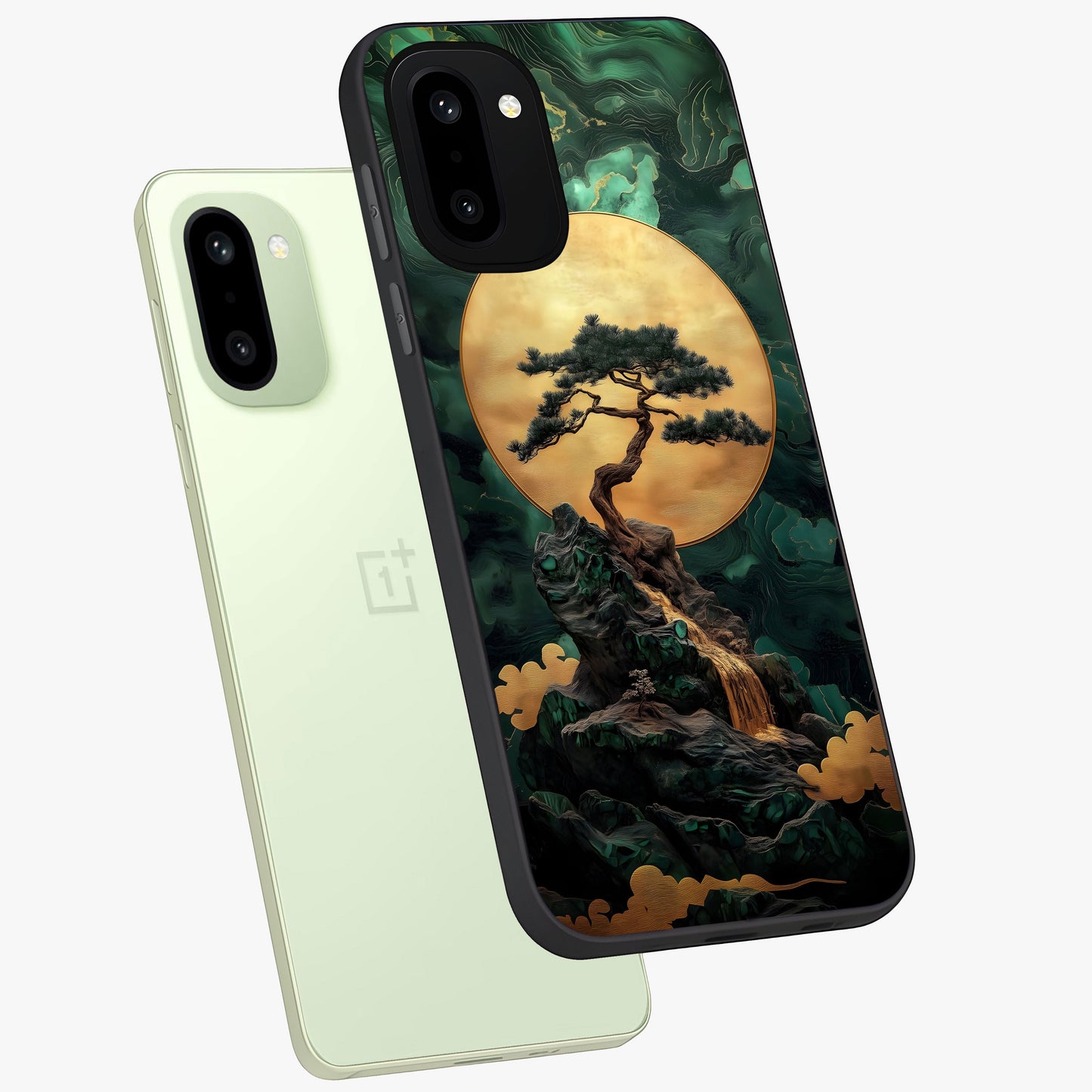Zen Moon Rise Glass Case for 1+15R angled mockup showcasing glossy finish and soft night sky tones