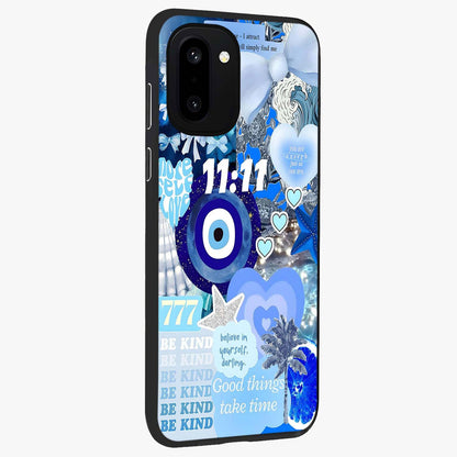 Aesthetic Be Kind Eye Glass Case for 1+15R side perspective highlighting artistic eye graphic details