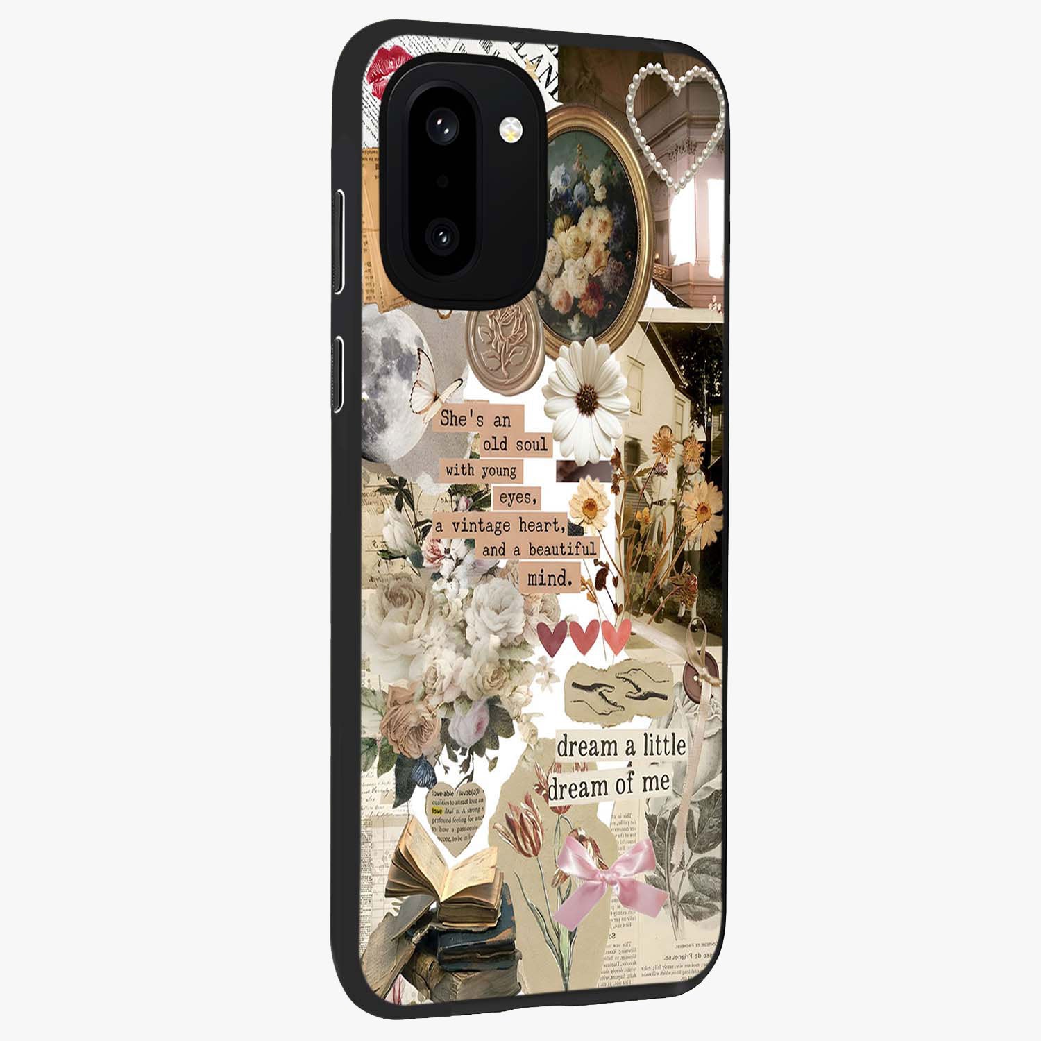 Aesthetic Brown Vintage Collage Glass Case for 1+15R side perspective highlighting detailed aesthetic collage elements