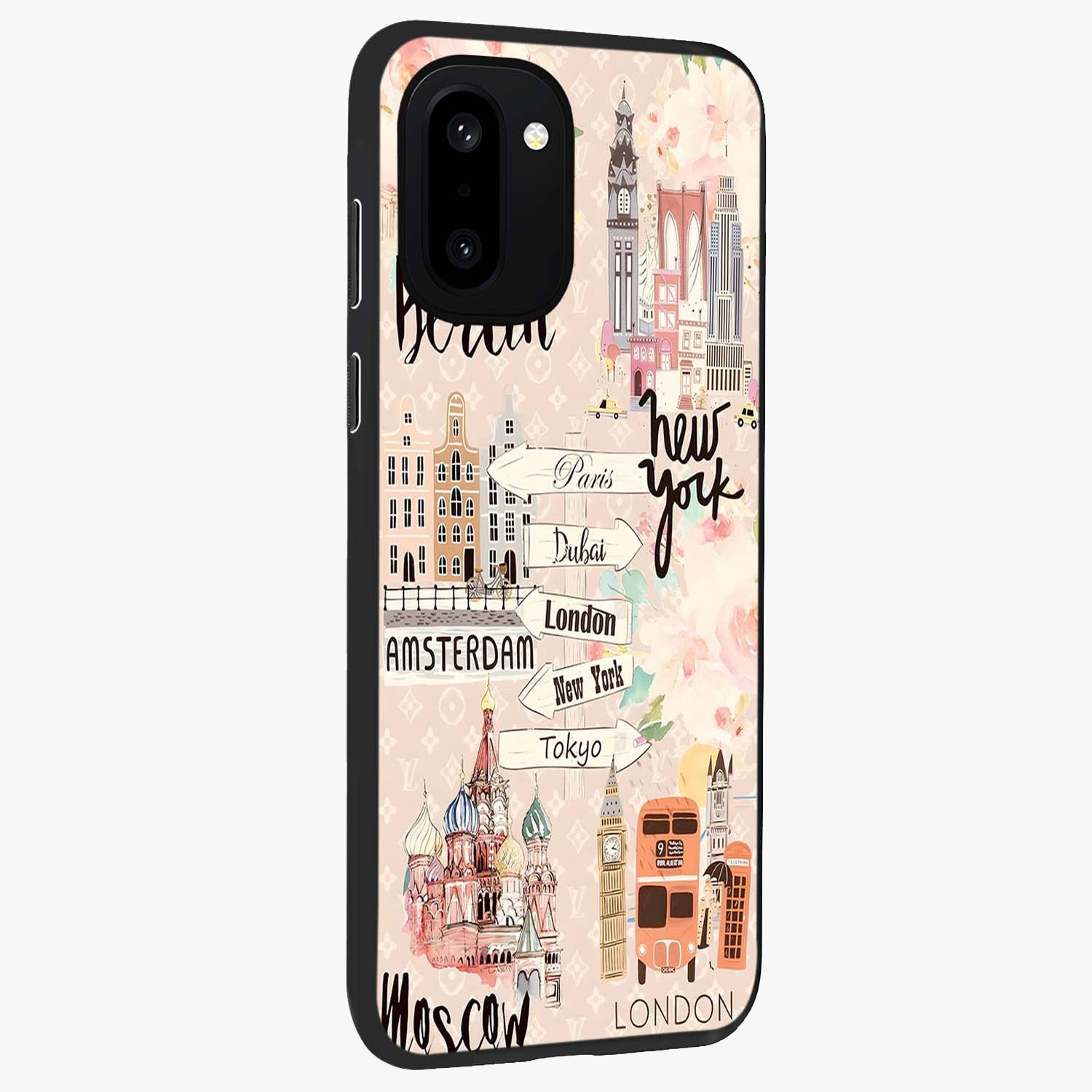 Aesthetic Travel Glass Case for 1+15R side perspective highlighting bold travel graphic details
