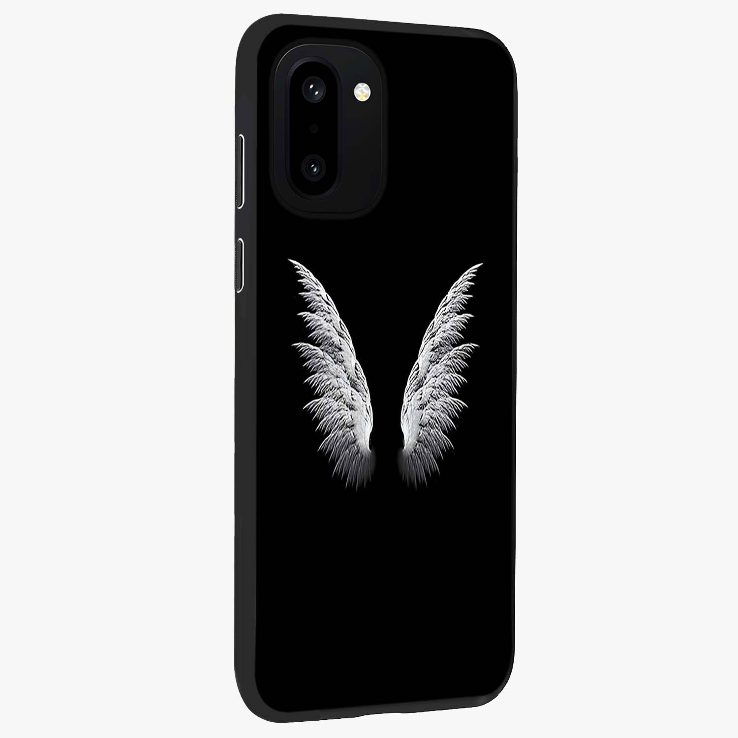 Angel Wing Grace Glass Case for 1+15R side perspective highlighting delicate wing illustration details