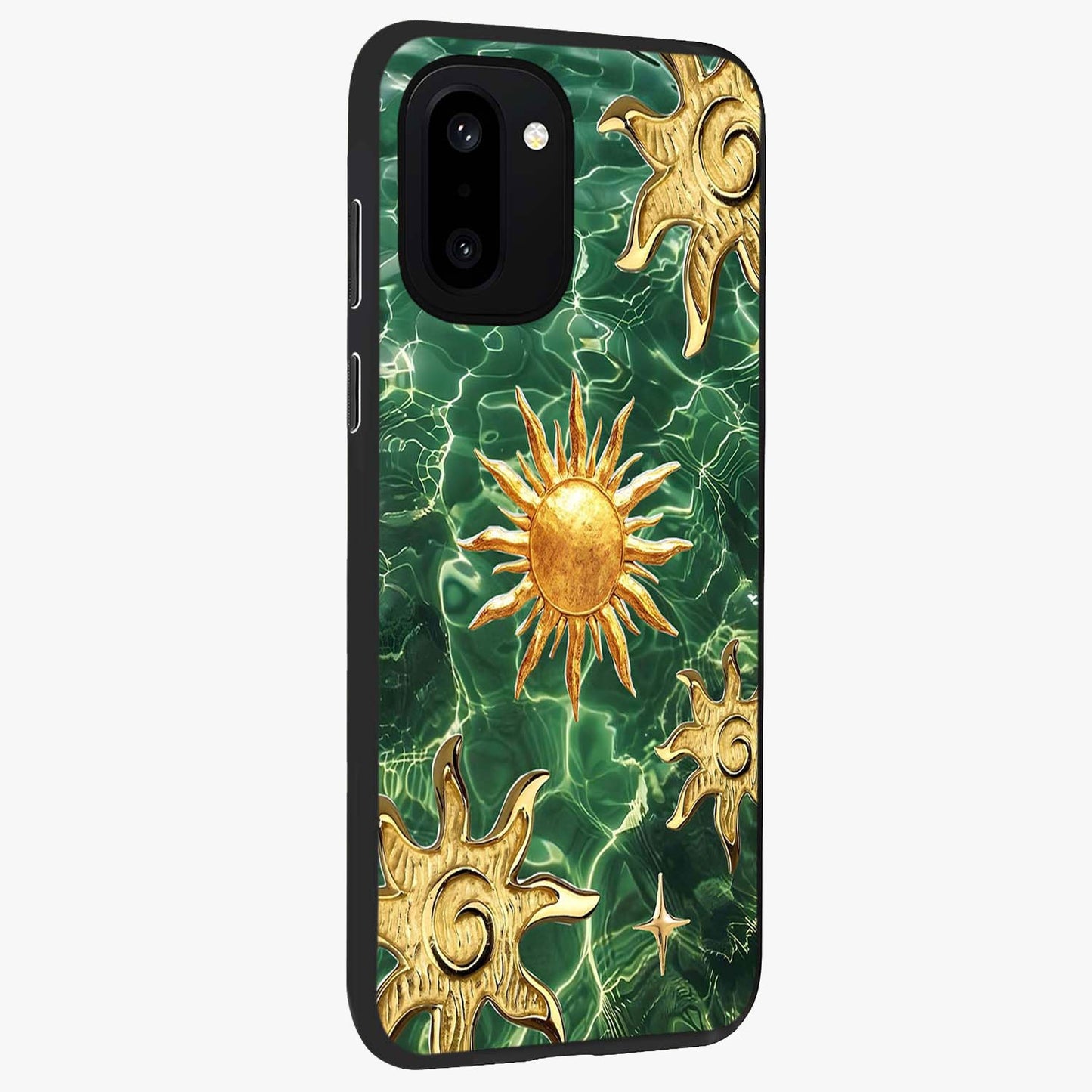 Aqua Sun Mirage Glass Case for 1+15R side perspective highlighting bold mirage style design details