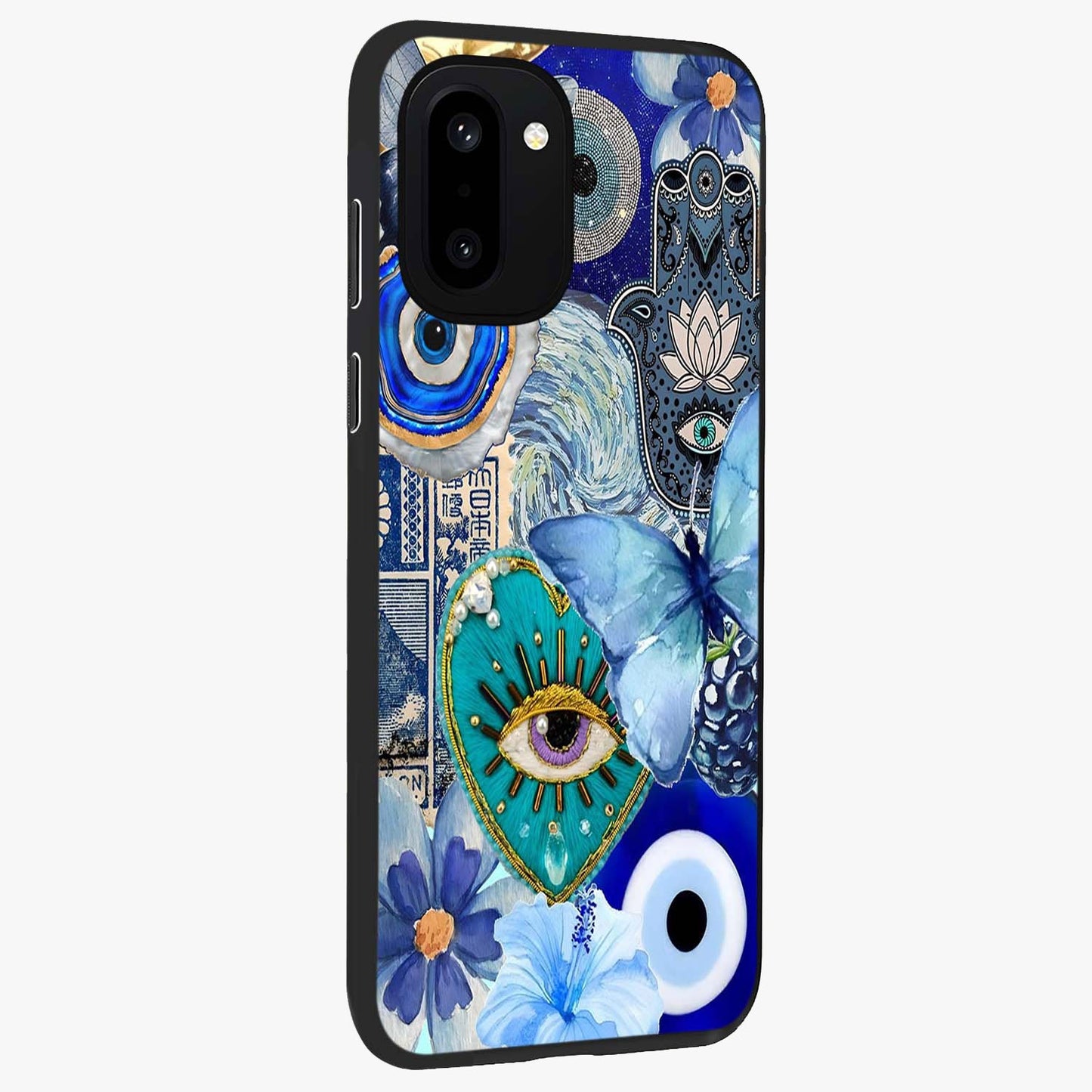 Audrey Zivan Glass Case for 1+15R side perspective highlighting sleek build and premium print detailing