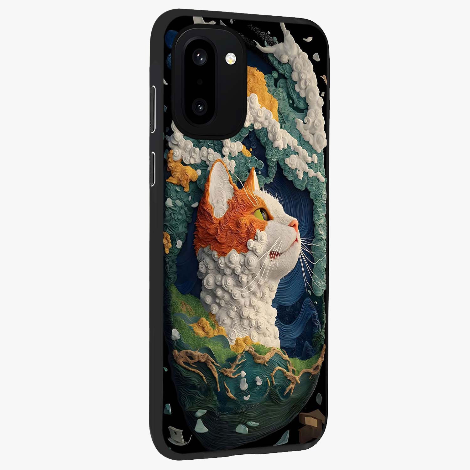 Aurora Cat Dreams Glass Case for 1+15R side perspective highlighting detailed feline illustration and smooth edges
