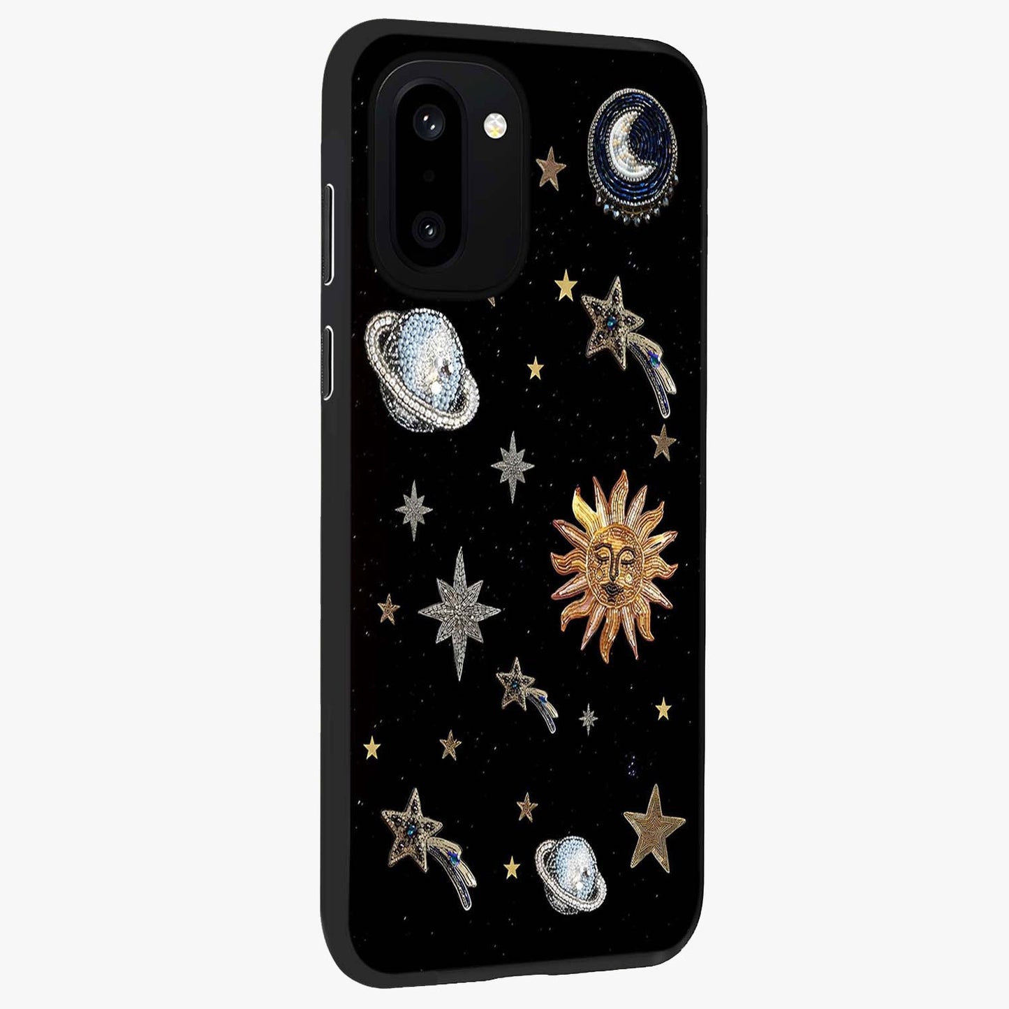 Beaded Cosmic Dreams Glass Case for 1+15R side perspective highlighting intricate beaded cosmic textures