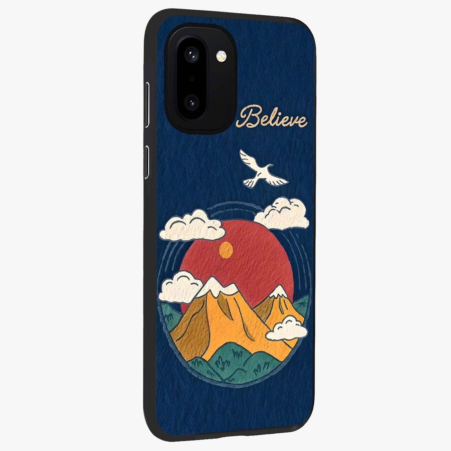 Believe Sky Escape Glass Case for 1+15R side perspective highlighting motivational typography and smooth edges