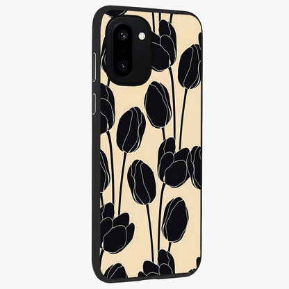 Black Designer Tulip Glass Case for 1+15R side perspective highlighting bold contrast and stylish tulip illustration