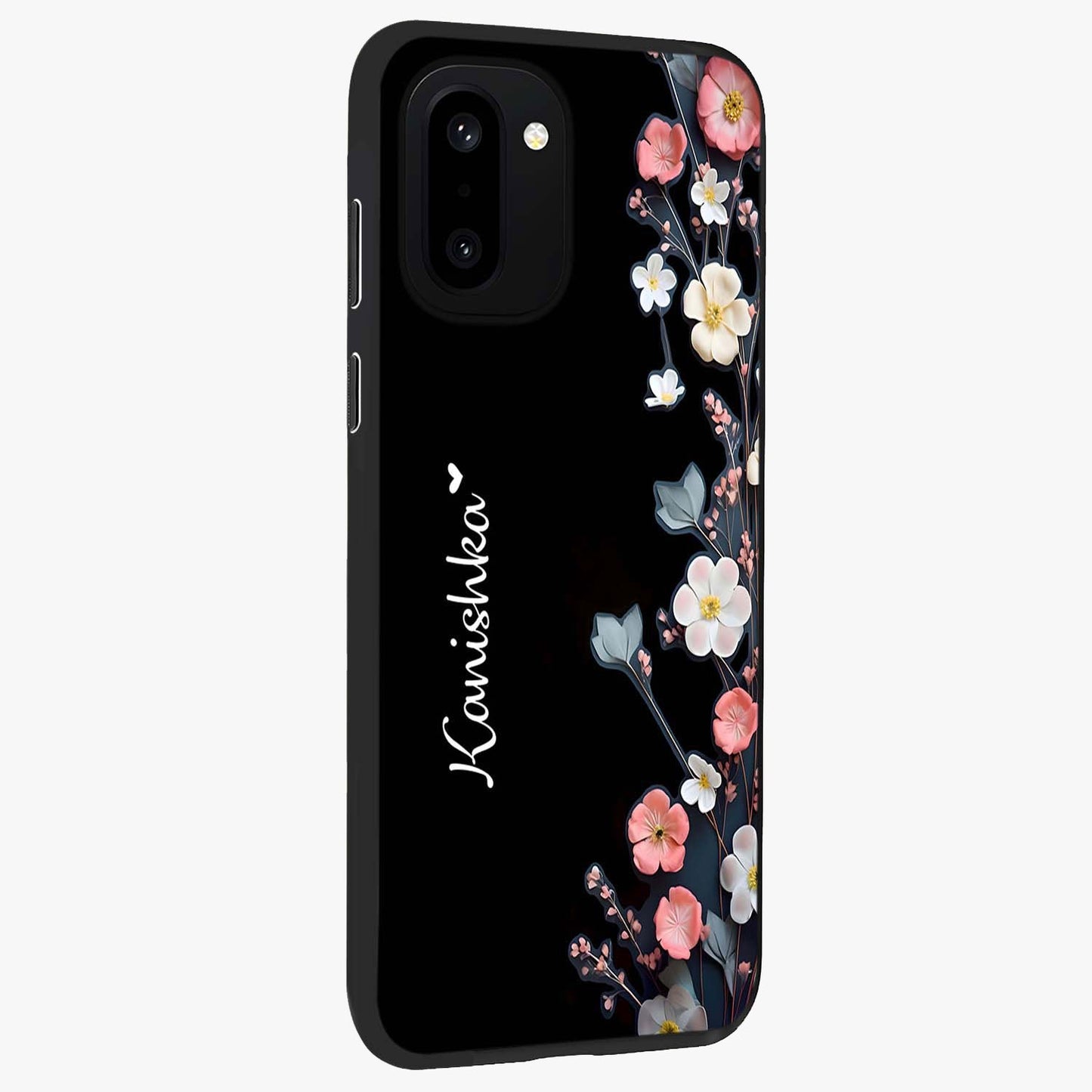Black Elegance Floral Custom Name Glass Case for 1+15R side perspective highlighting elegant floral detailing and premium edges