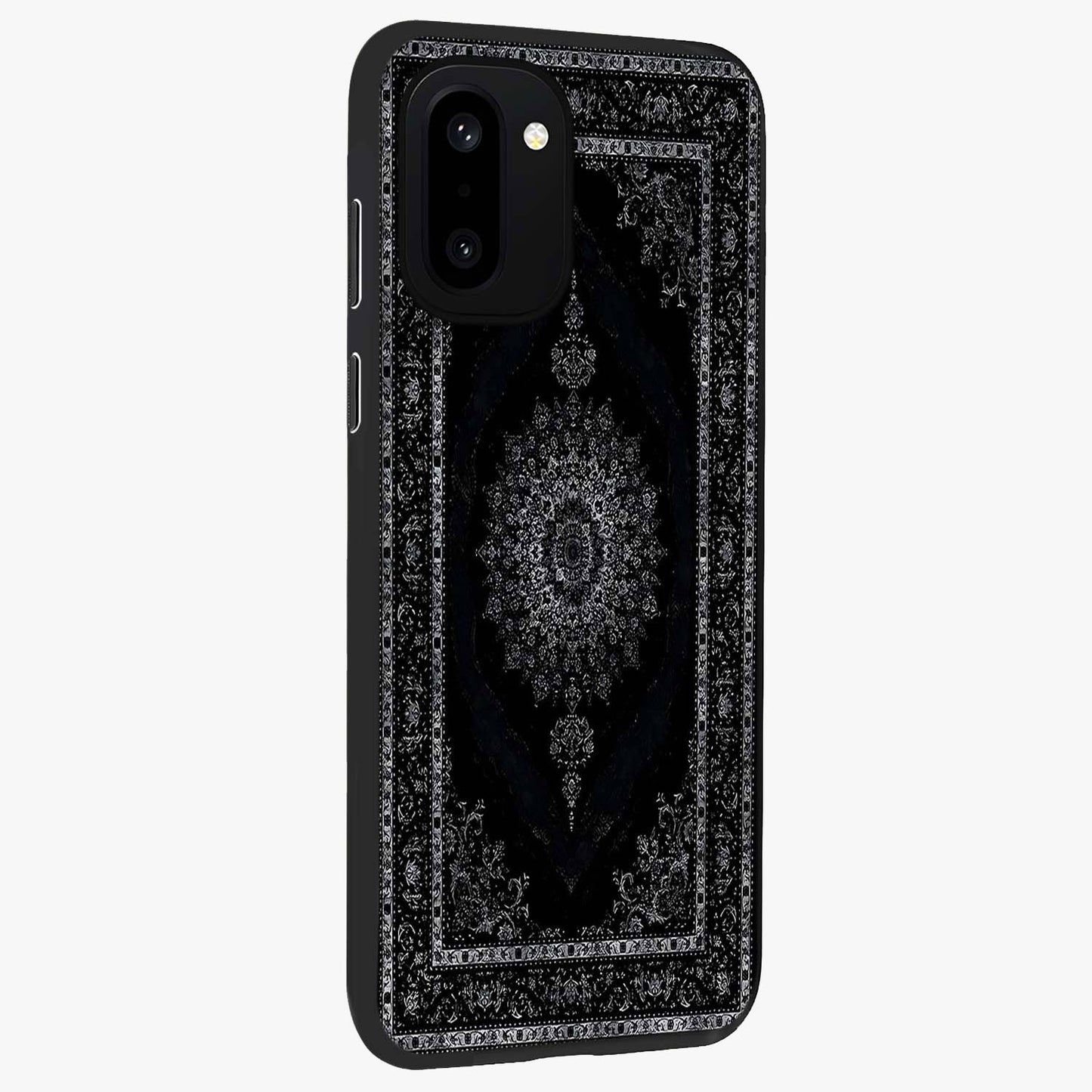 Black Persian Carpet Glass Case for 1+15R side perspective highlighting classic pattern textures and premium build