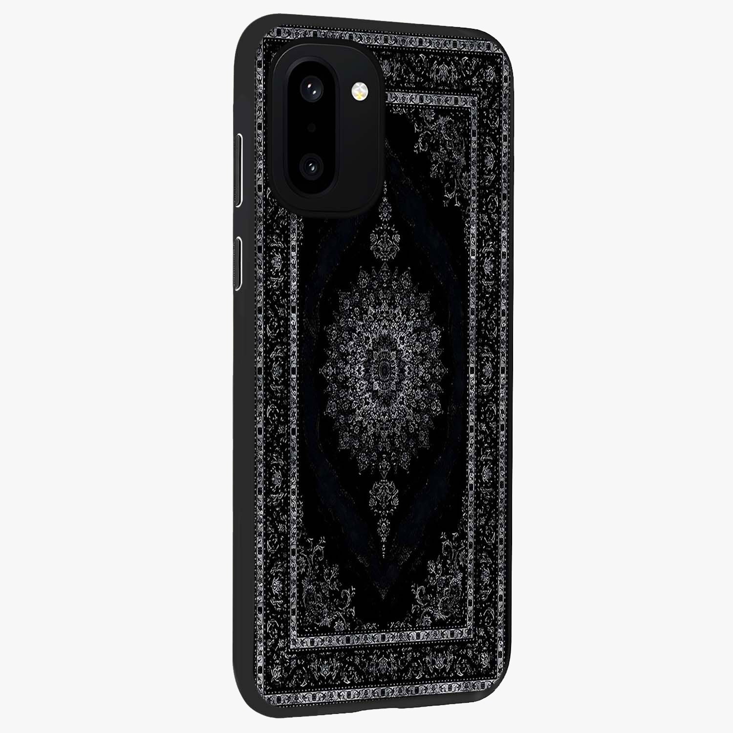 Black Persian Carpet Glass Case for 1+15R side perspective highlighting classic pattern textures and premium build