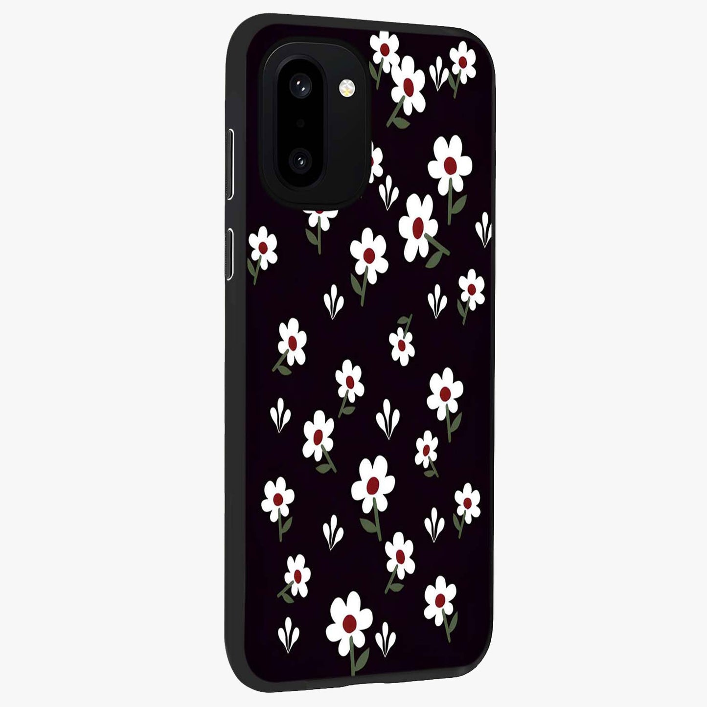 Black Prints Daisy Flower Pattern Glass Case for 1+15R side perspective highlighting delicate daisy details and smooth edges