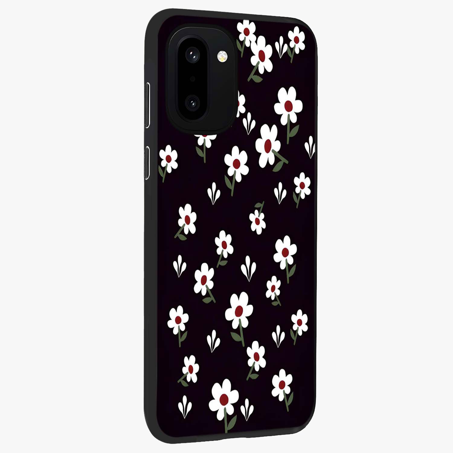 Black Prints Daisy Flower Pattern Glass Case for 1+15R side perspective highlighting delicate daisy details and smooth edges