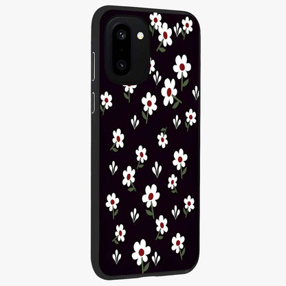 Black Prints Daisy Flower Pattern Glass Case for 1+15R side perspective highlighting delicate daisy details and smooth edges