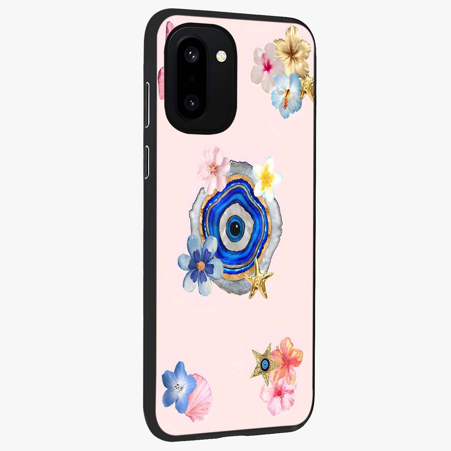 Blossom Evil Charm Glass Case for 1+15R side perspective highlighting delicate blossom detailing and bold symbol contrast