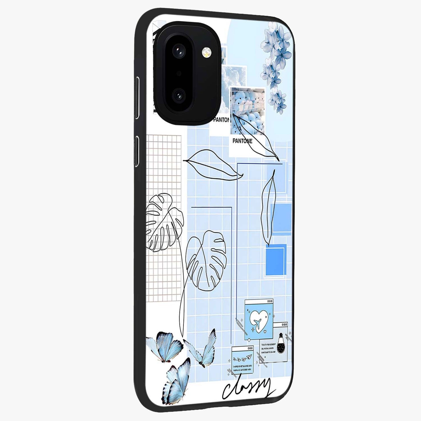 Blue Aesthetic Flower Glass Case for 1+15R side perspective highlighting calming blue tones and premium detailing