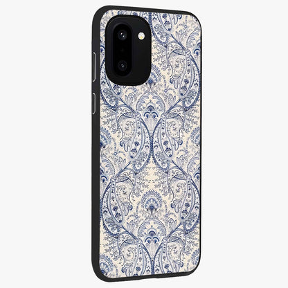 Blue Paisley Bloom Glass Case for 1+15R side perspective highlighting elegant paisley textures and premium build