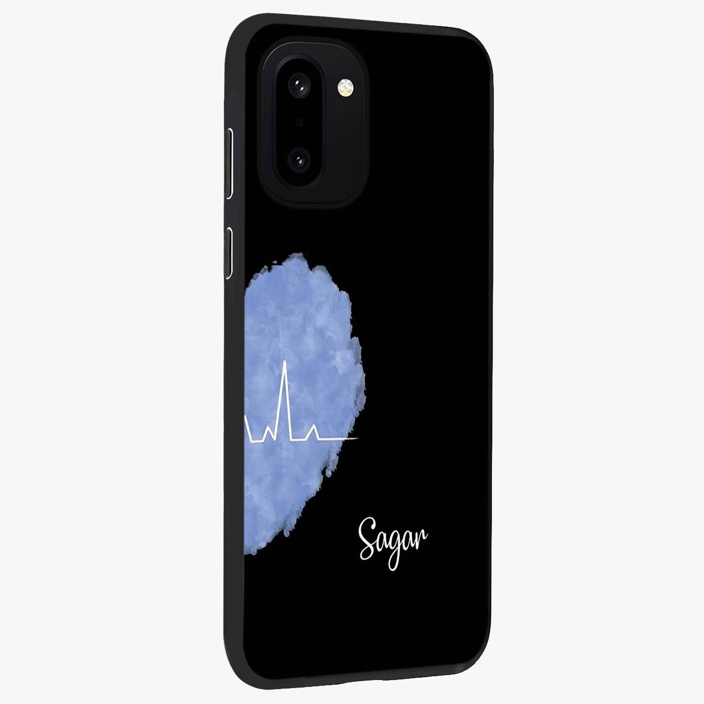 Blue Pulse Bond Glass Case for 1+15R side perspective highlighting sleek edges and modern blue detailing