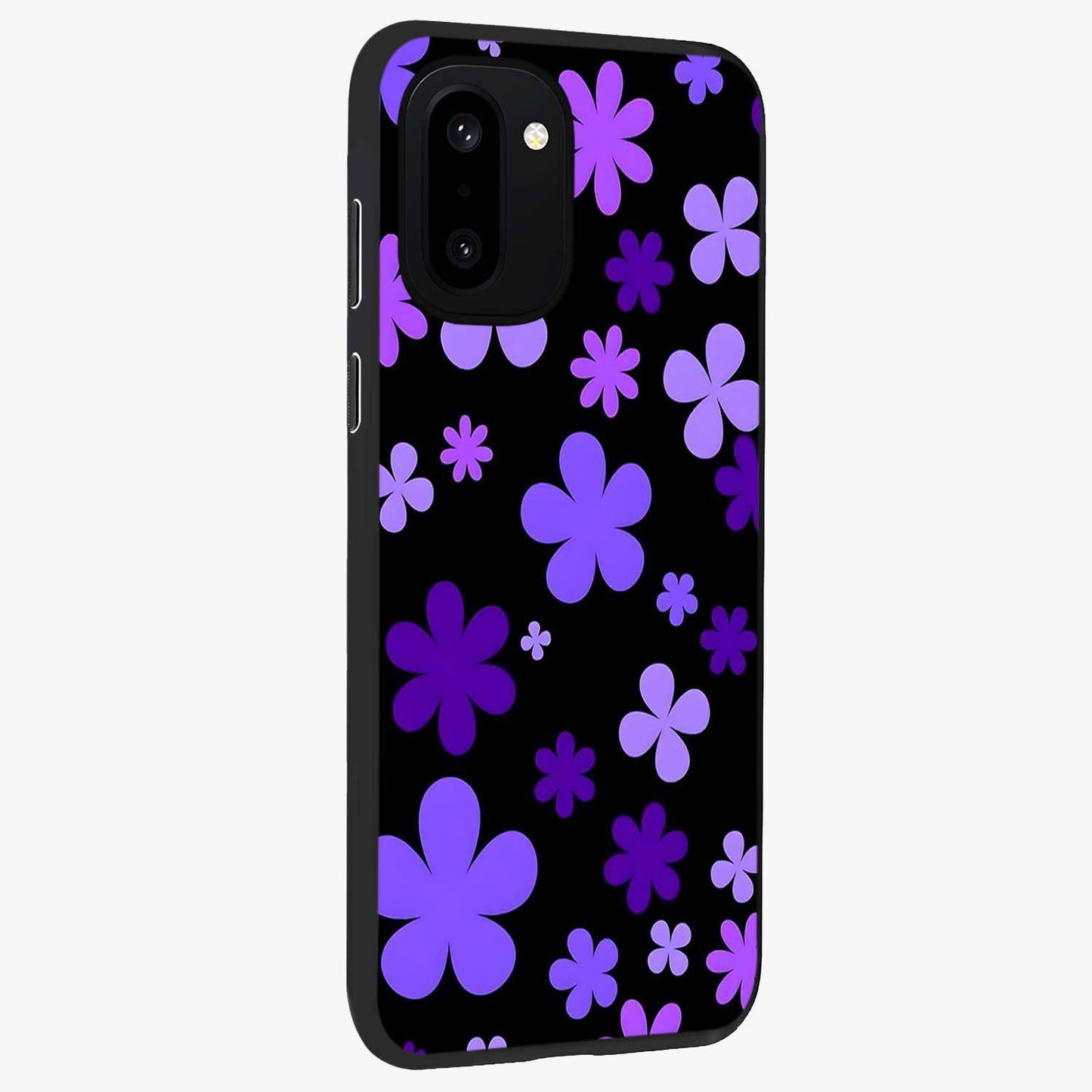 Blue Retro Pop Flowers Glass Case for 1+15R side perspective highlighting colorful vintage floral detailing