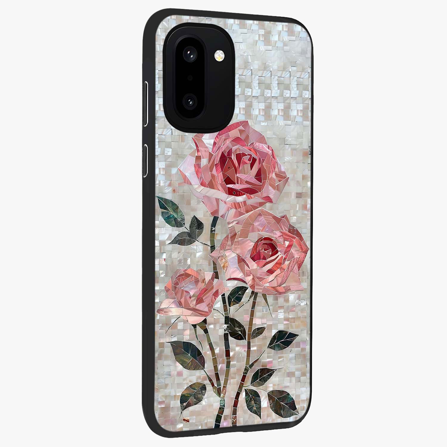 Blush Luxe Bloom Glass Case for 1+15R side perspective highlighting elegant floral textures and sleek edges