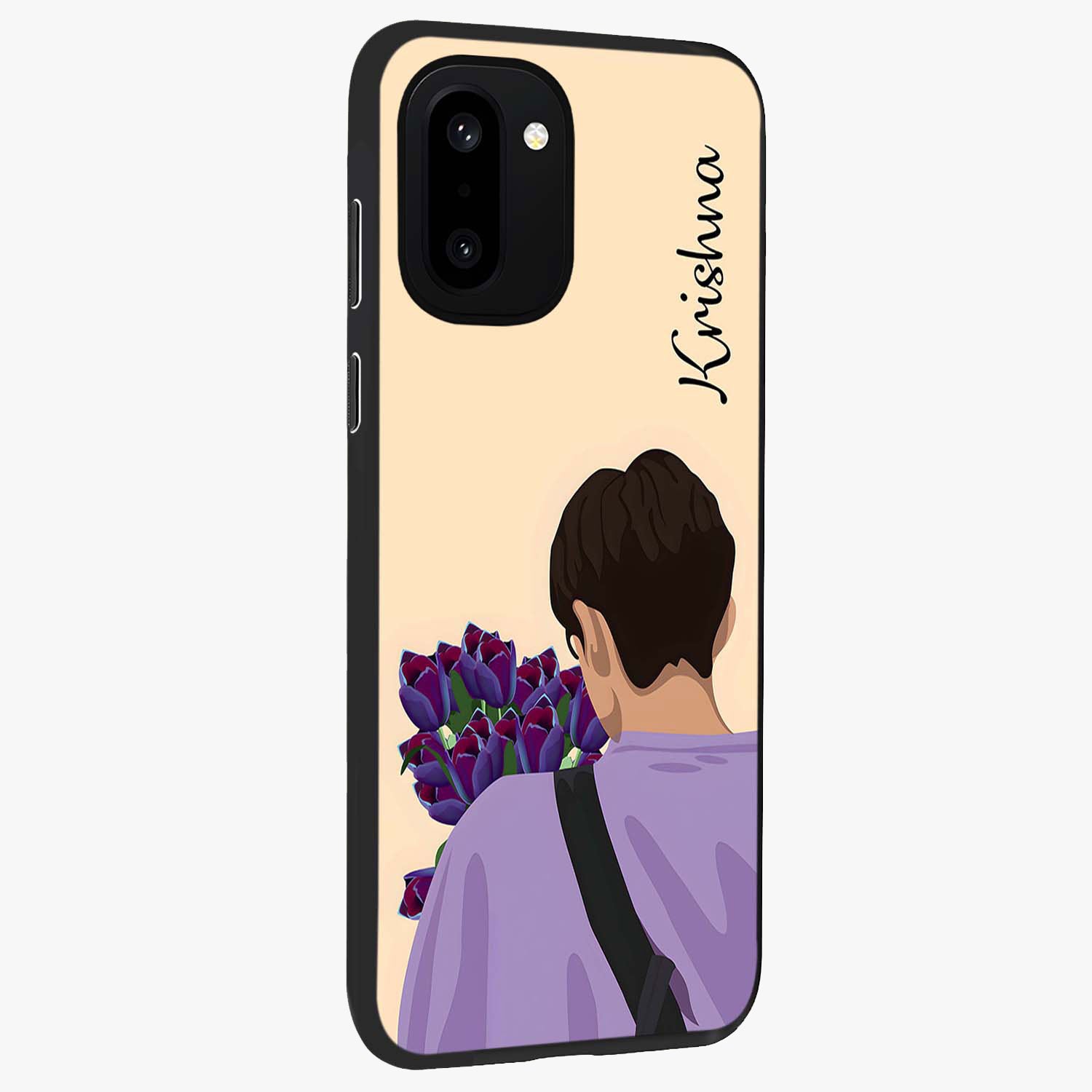Boy Holding Flowers Glass Case for 1+15R side perspective highlighting delicate flower details and premium build