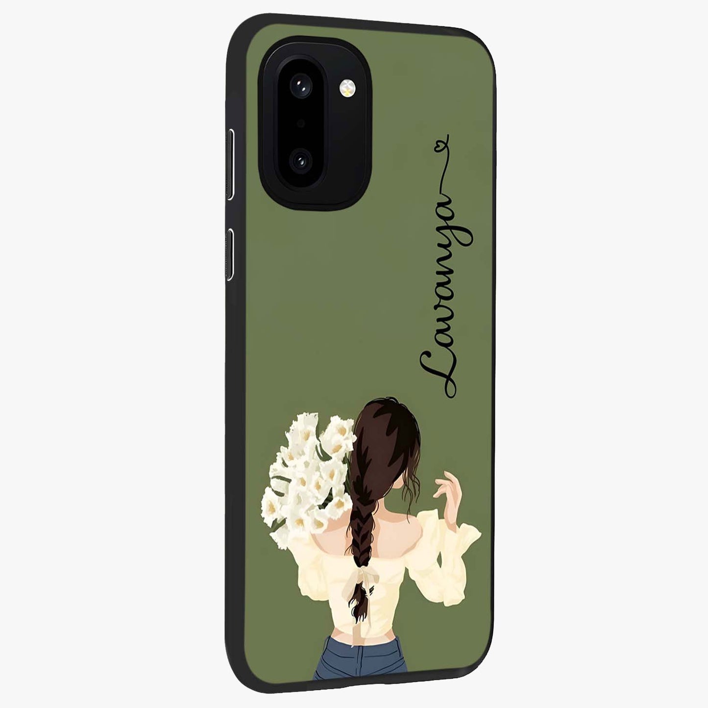 Braided Spring Beauty With Custom Name Glass Case for 1+15R side perspective highlighting custom name typography and smooth edges