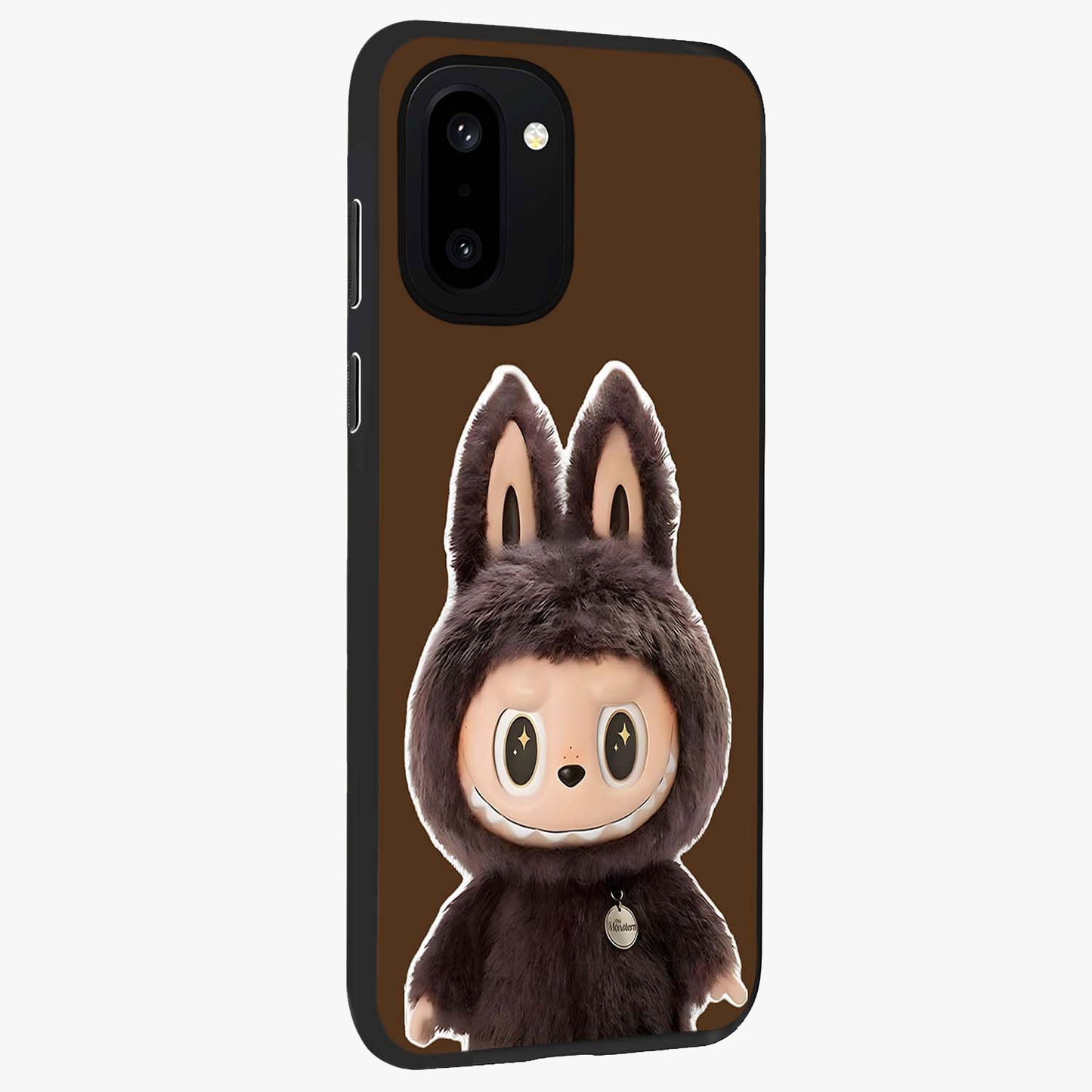 Brown Labubu Design Glass Case for 1+15R side perspective highlighting charming character detailing and smooth edges