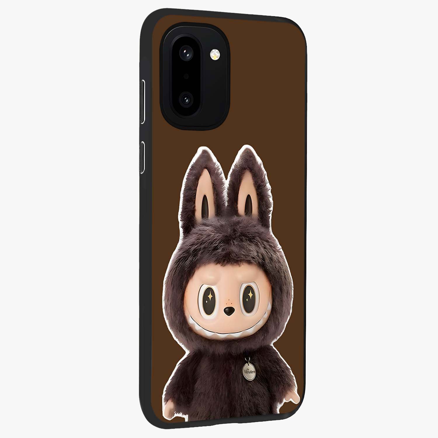 Brown Labubu Design Glass Case for 1+15R side perspective highlighting charming character detailing and smooth edges
